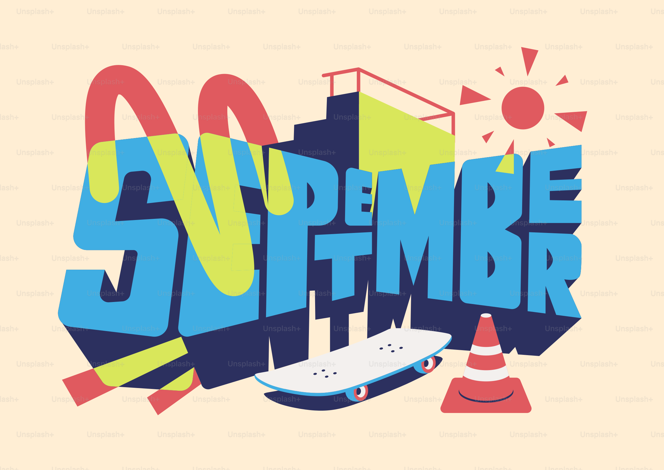 Graffiti style lettering for september with skateboard and cone.