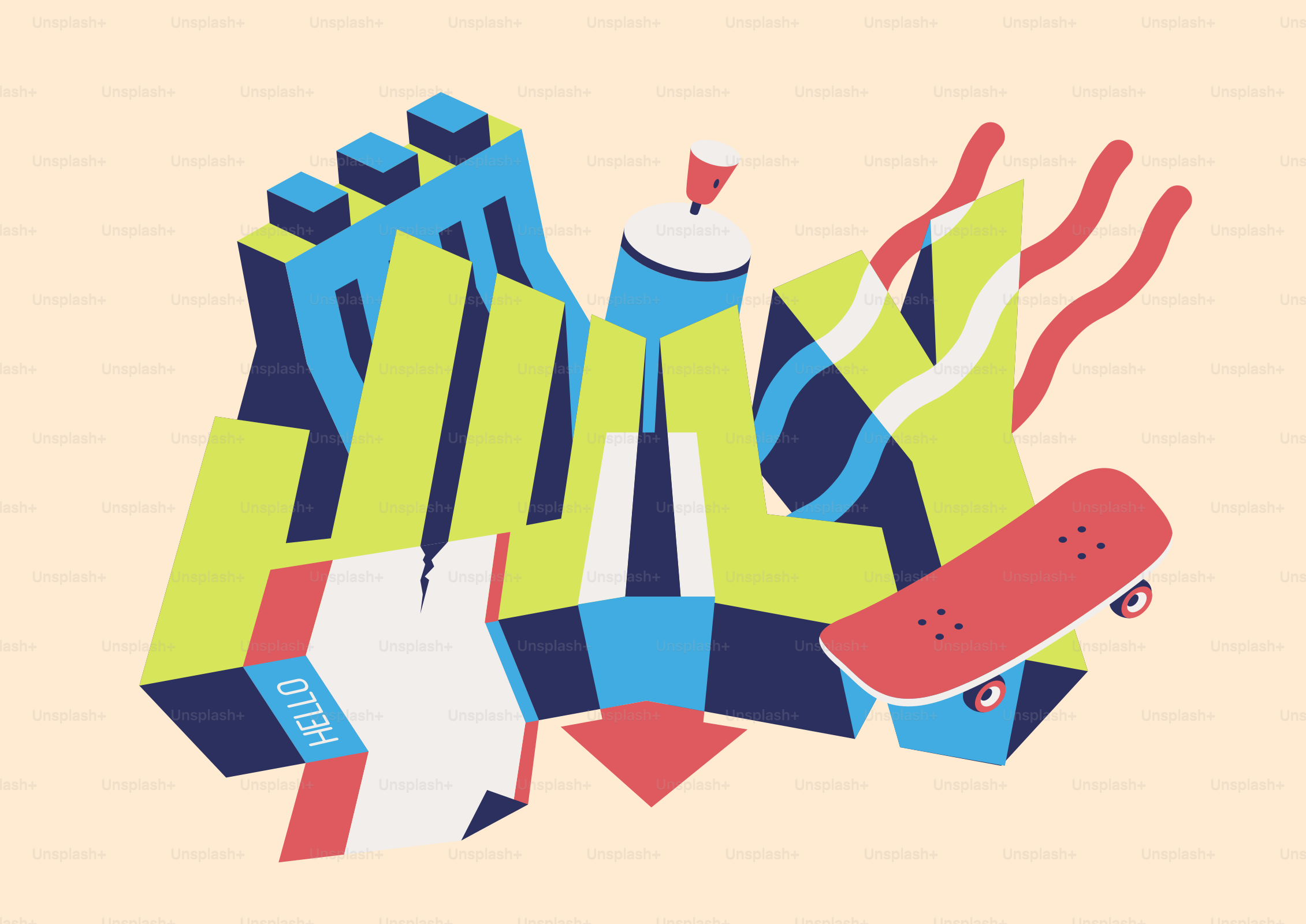 Arte de graffiti con monopatín y etiqueta de "hola".