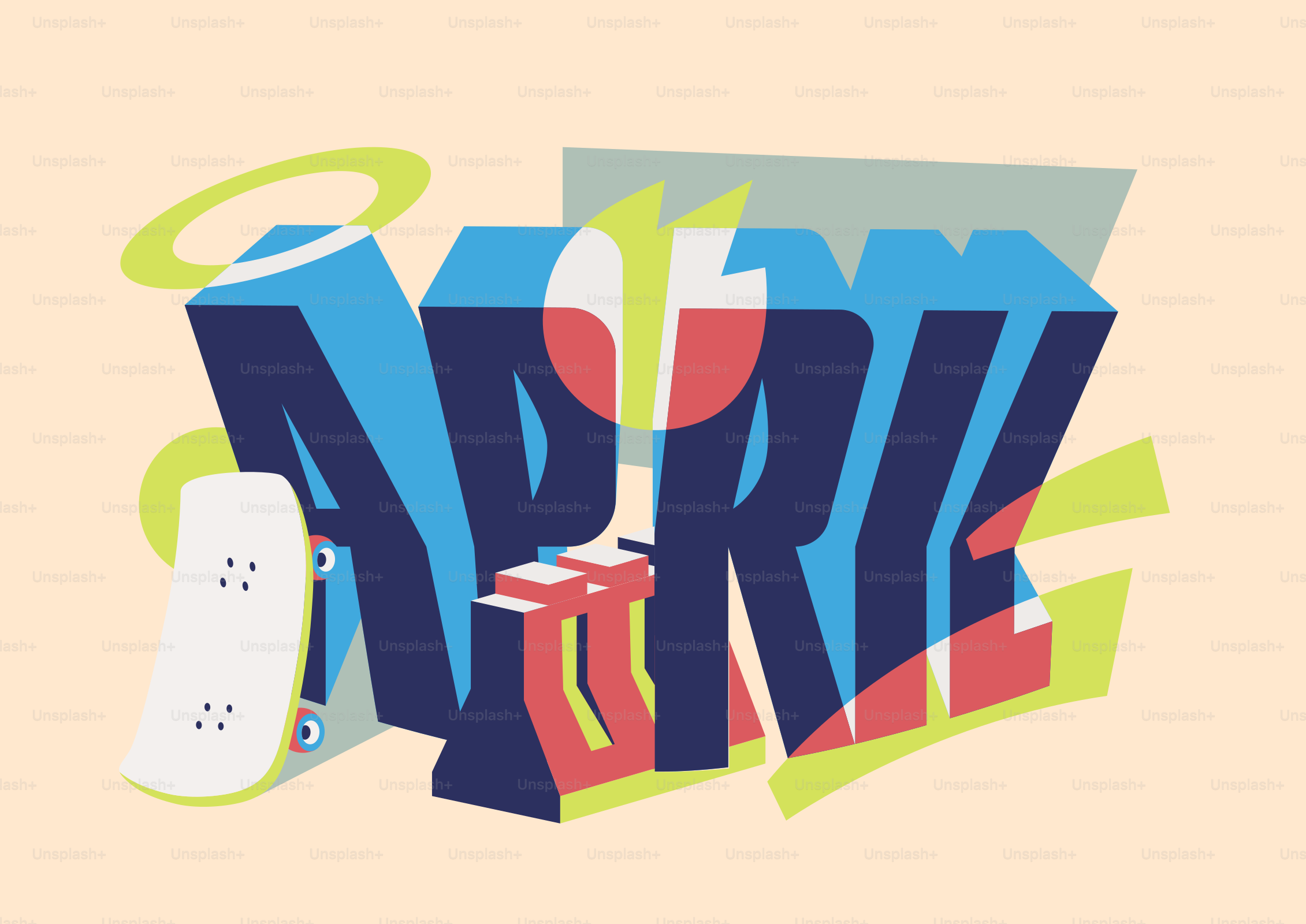 Colorful 3D text spelling "april" with skateboard.