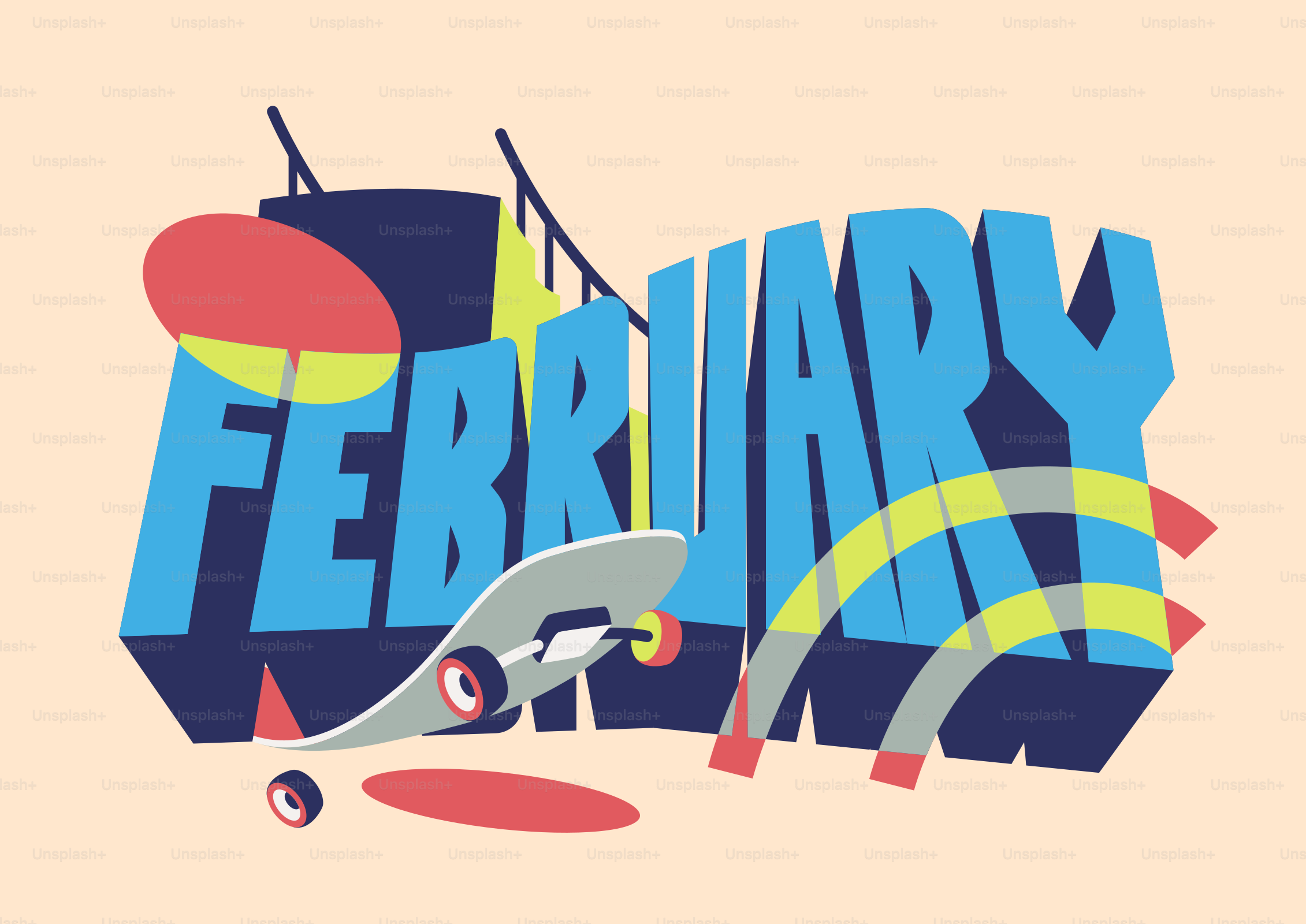 Bold blue february lettering with skateboard and abstract shapes
