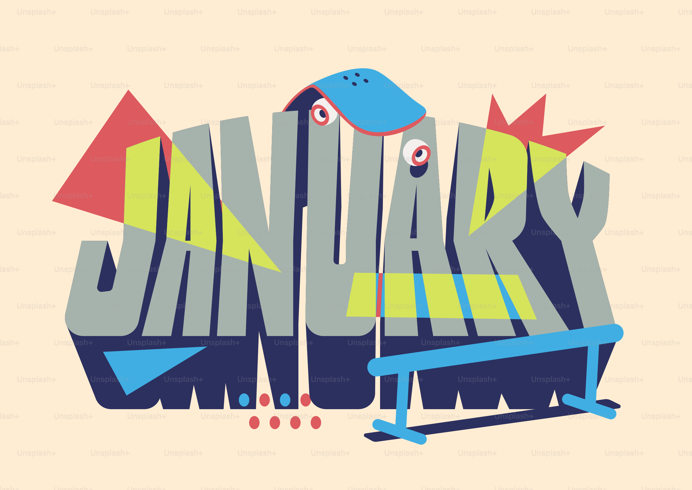 Stylized text spelling out "january"january"" with cartoon eyes.