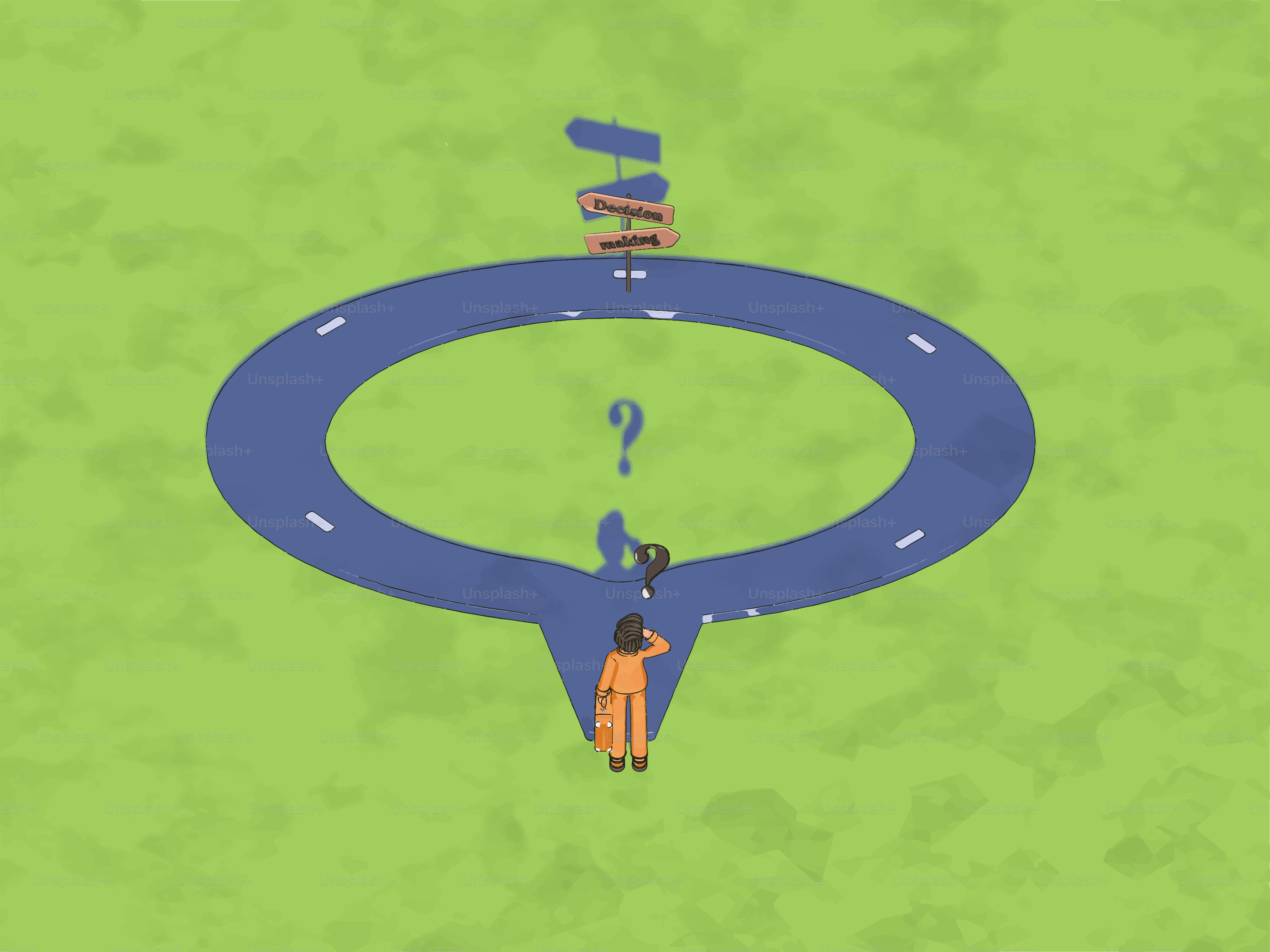 Person at a crossroads with a question mark.