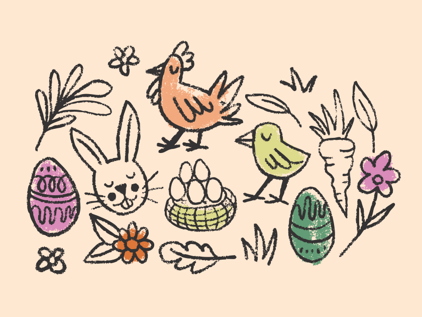 Illustration sur le thème de Pâques avec lapin, poulet, poussin et œufs.