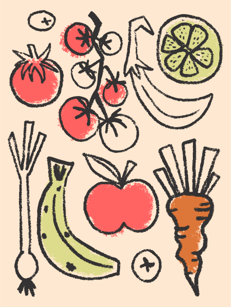 Various fruits and vegetables arranged on a light background.