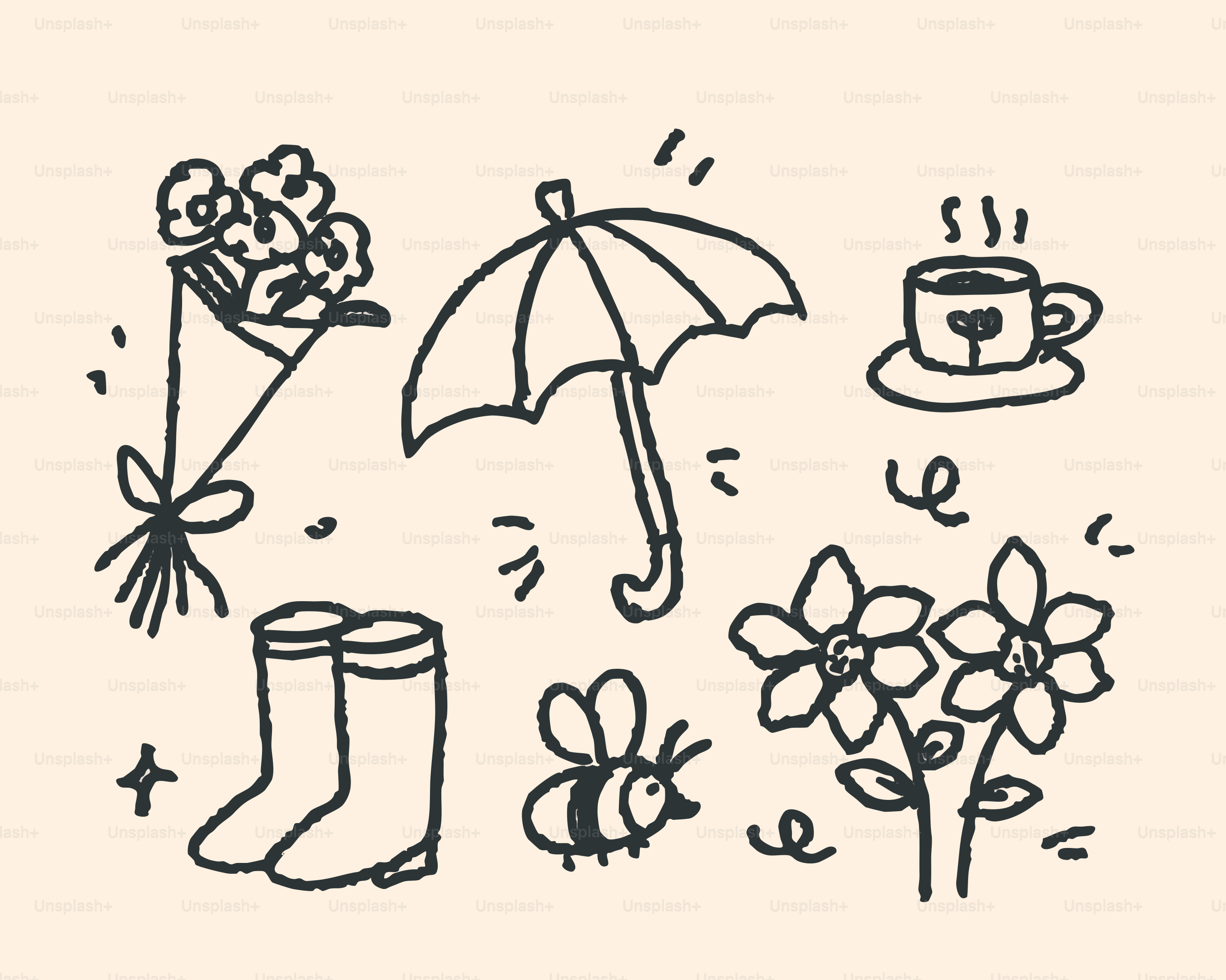 Arte scarabocchiata di oggetti primaverili: fiori, ombrello, stivali, api, caffè
