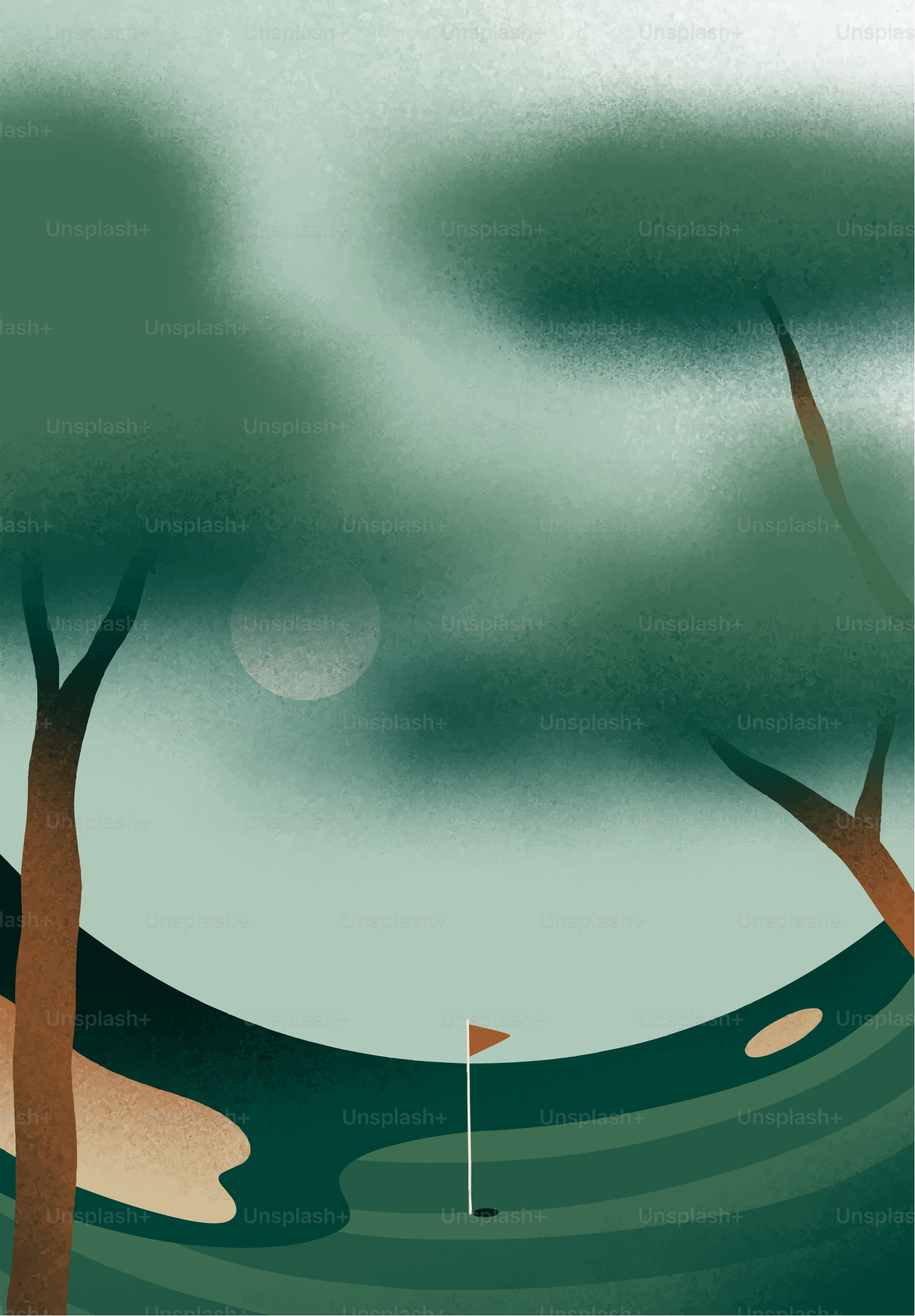 曇り空の下、旗と砂のトラップがあるゴルフコース