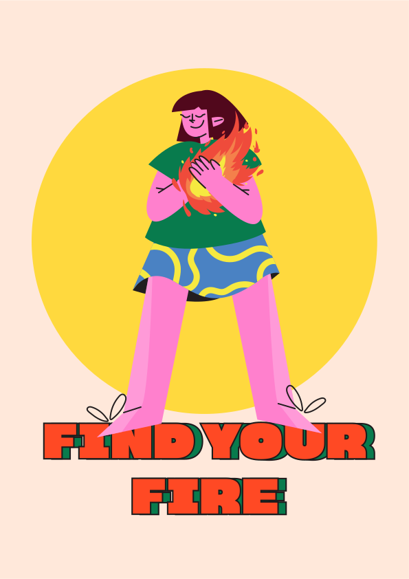 Femme tenant une flamme avec un texto « trouve ton feu »