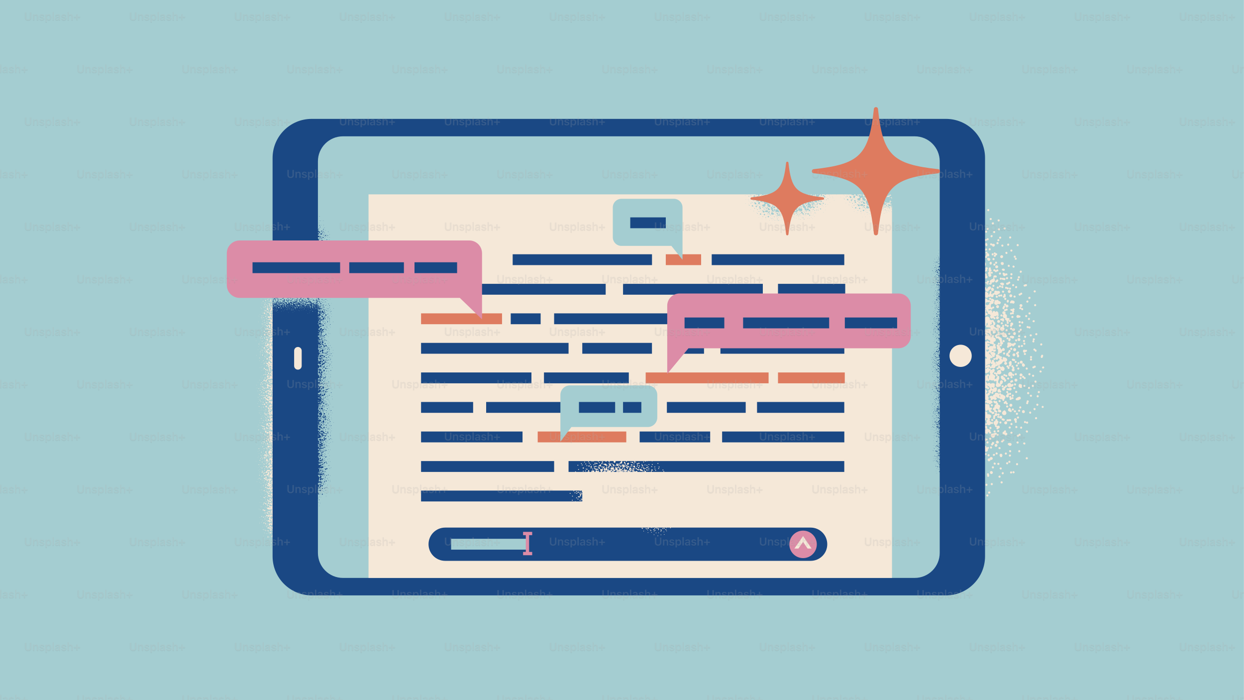 Tablet displaying text with editing marks and feedback bubbles.