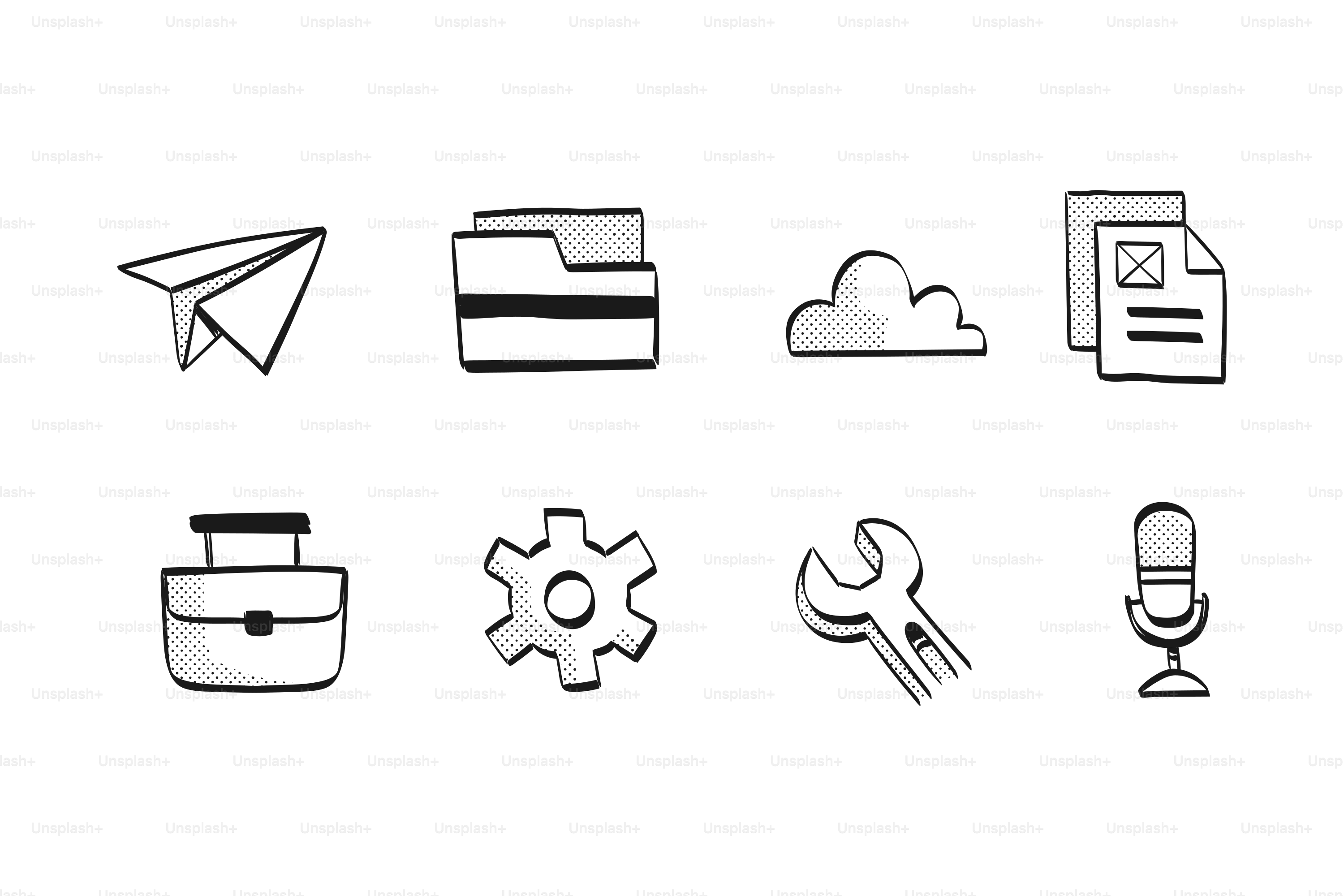 Set of eight hand-drawn icons on white background.