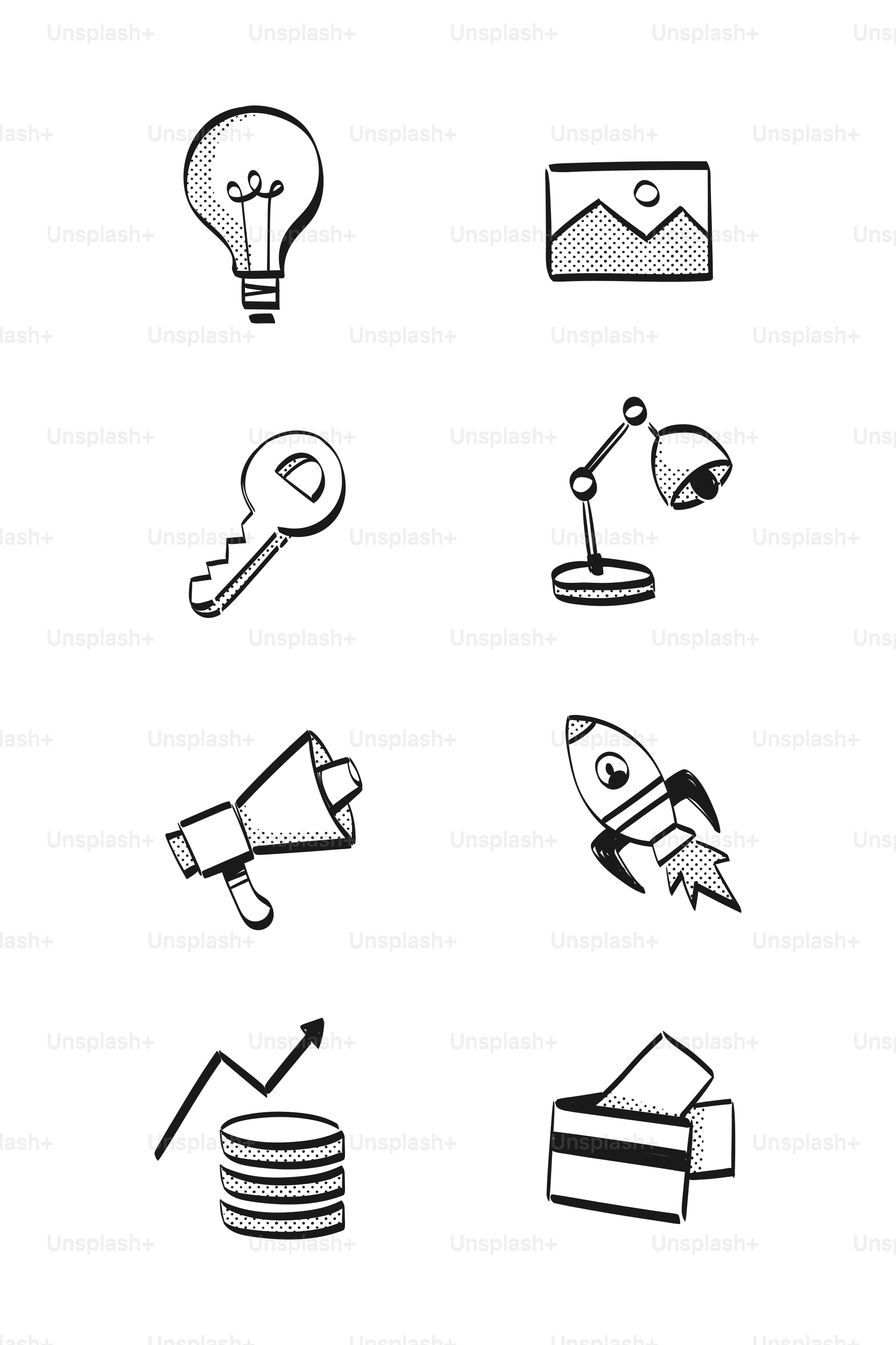 Collection of hand-drawn business and idea icons.