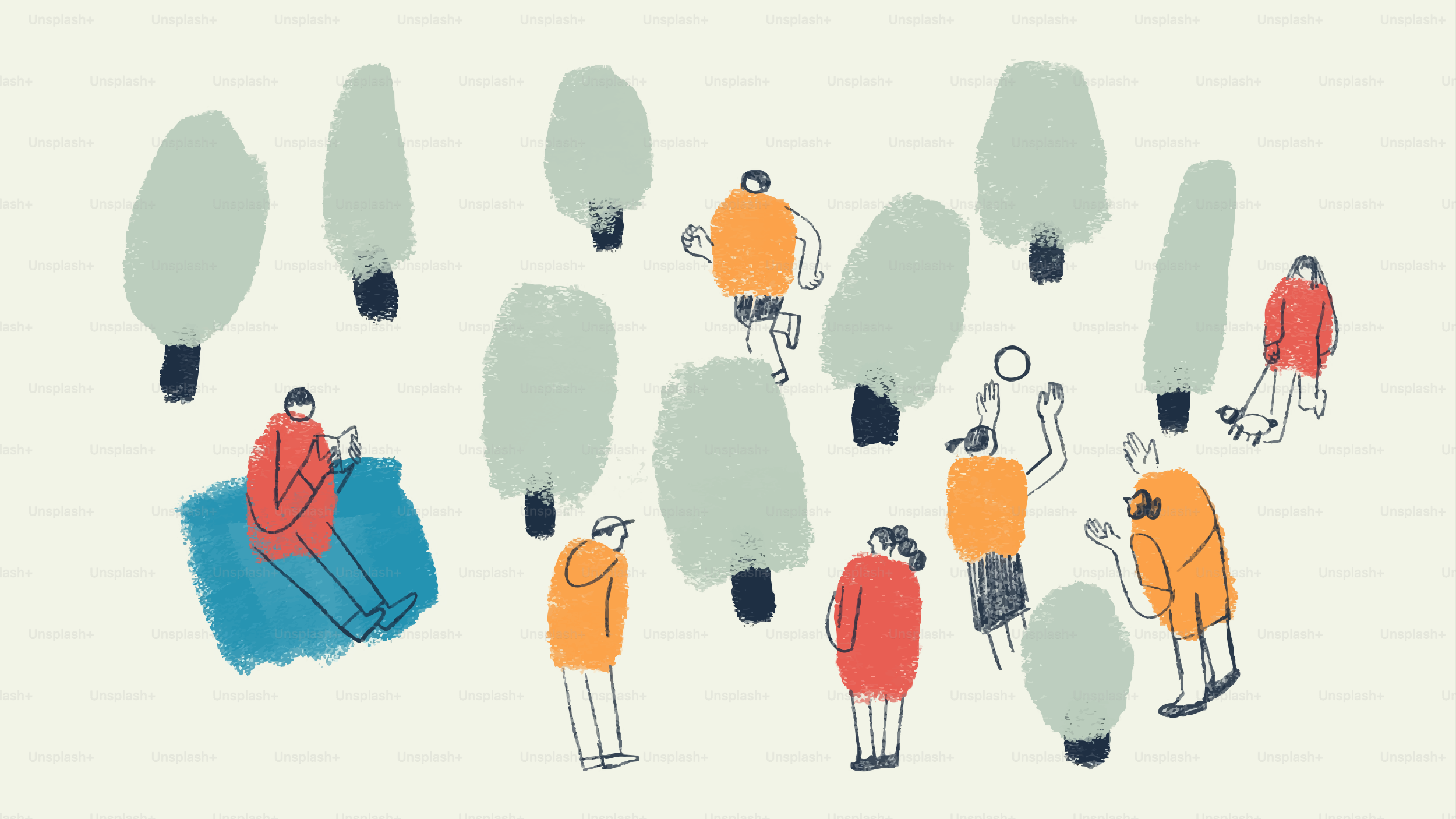 Orang dan pohon bergaya dalam ilustrasi minimalis.