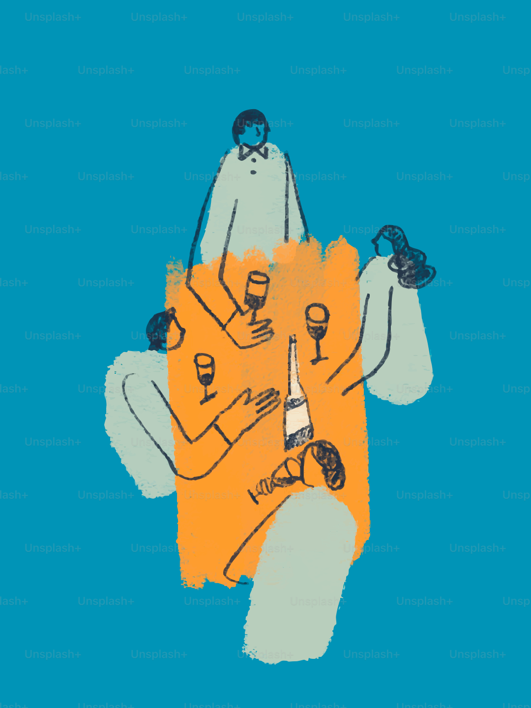 사람들은 병과 잔을 든 테이블 주위에 모였다.