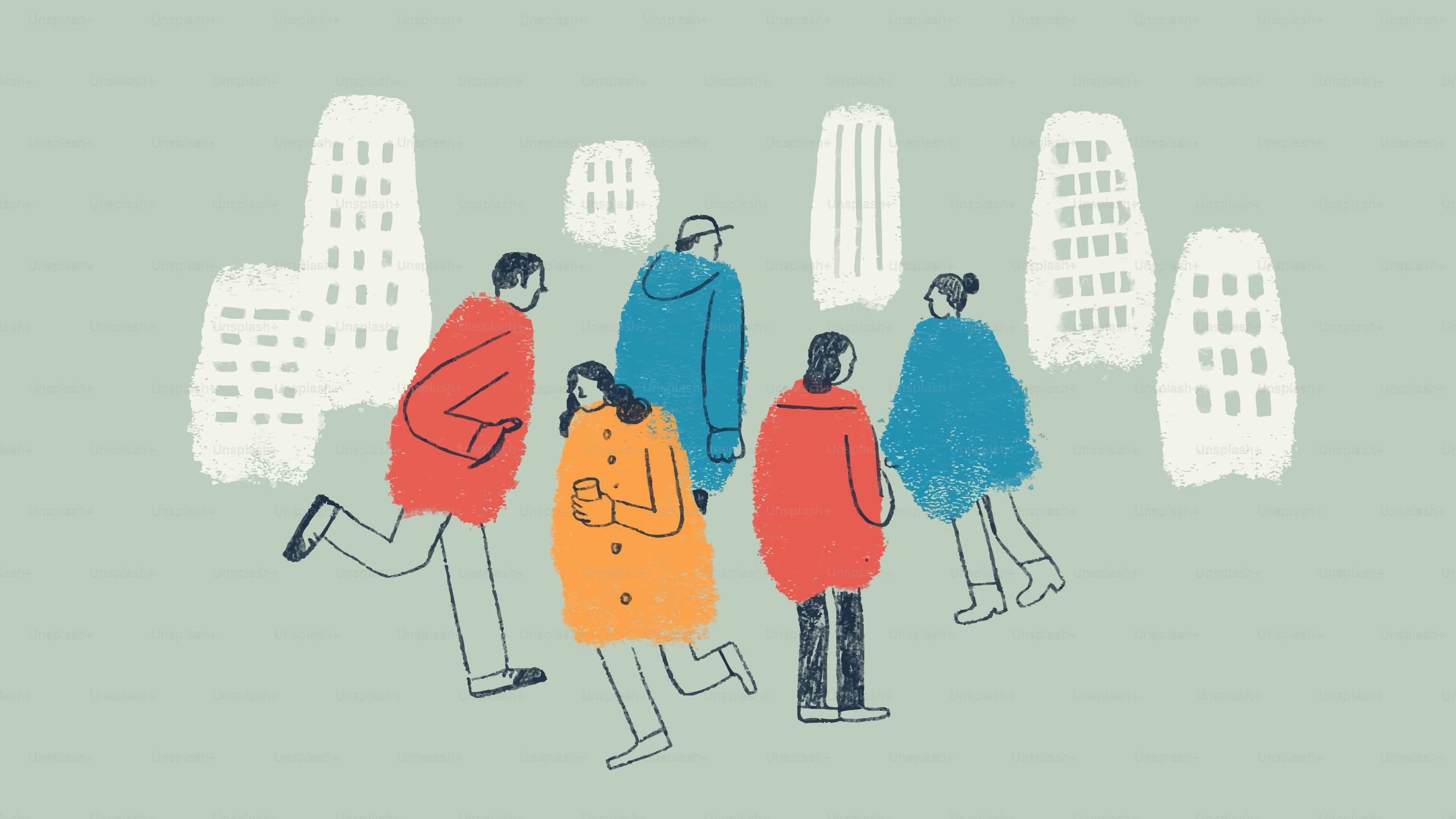 Menschen, die zwischen stilisierten Gebäuden in einer Stadt spazieren gehen