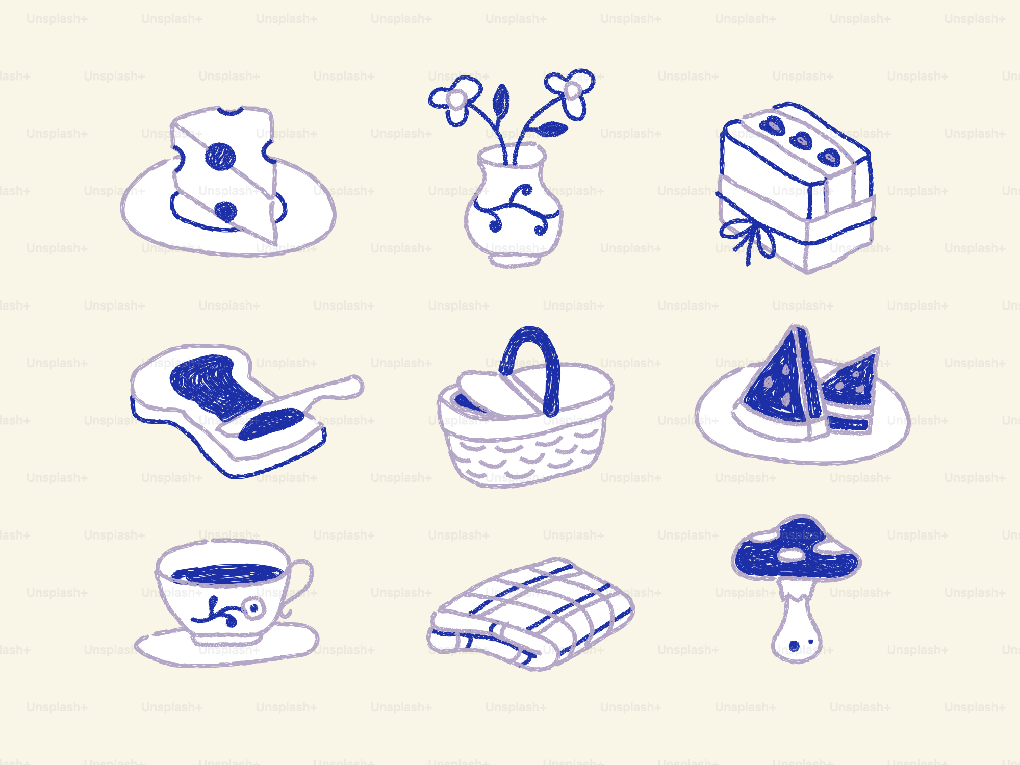 Une collection de nourriture dessinée à la main et d’objets de pique-