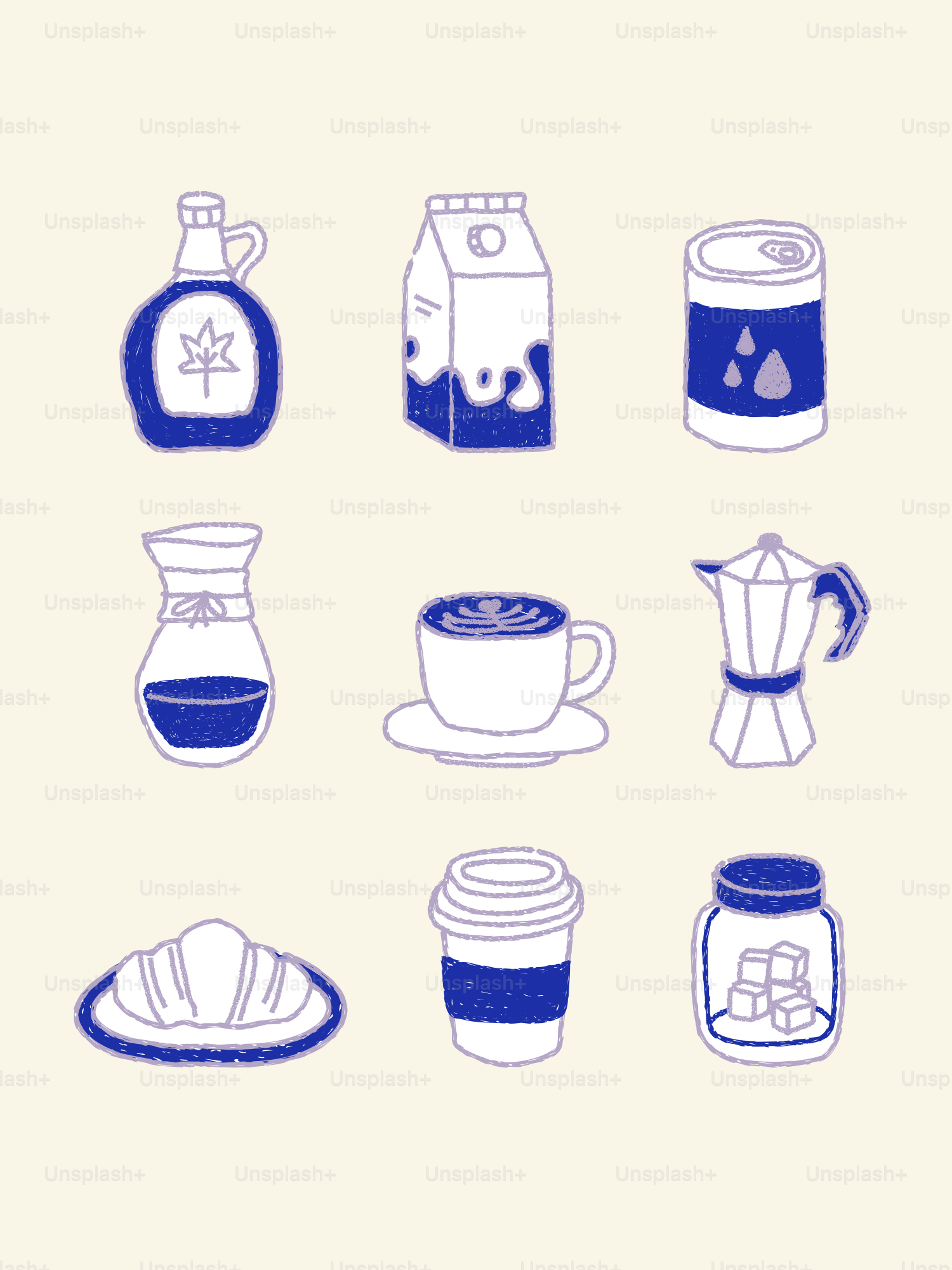 Coffee and breakfast items doodle artfully illustrated in blue outlines