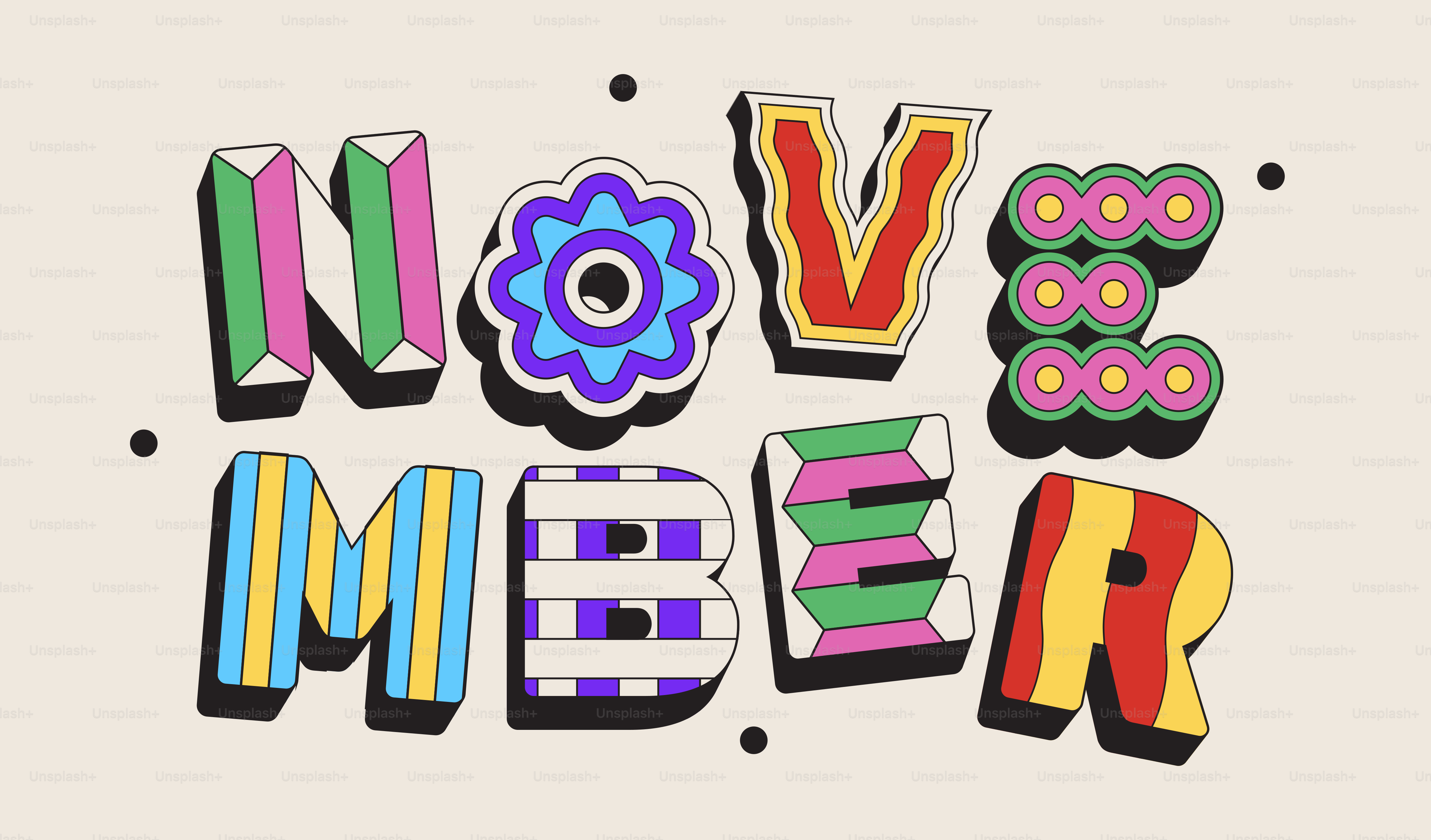 Colorful letters spell out november on a cream background.