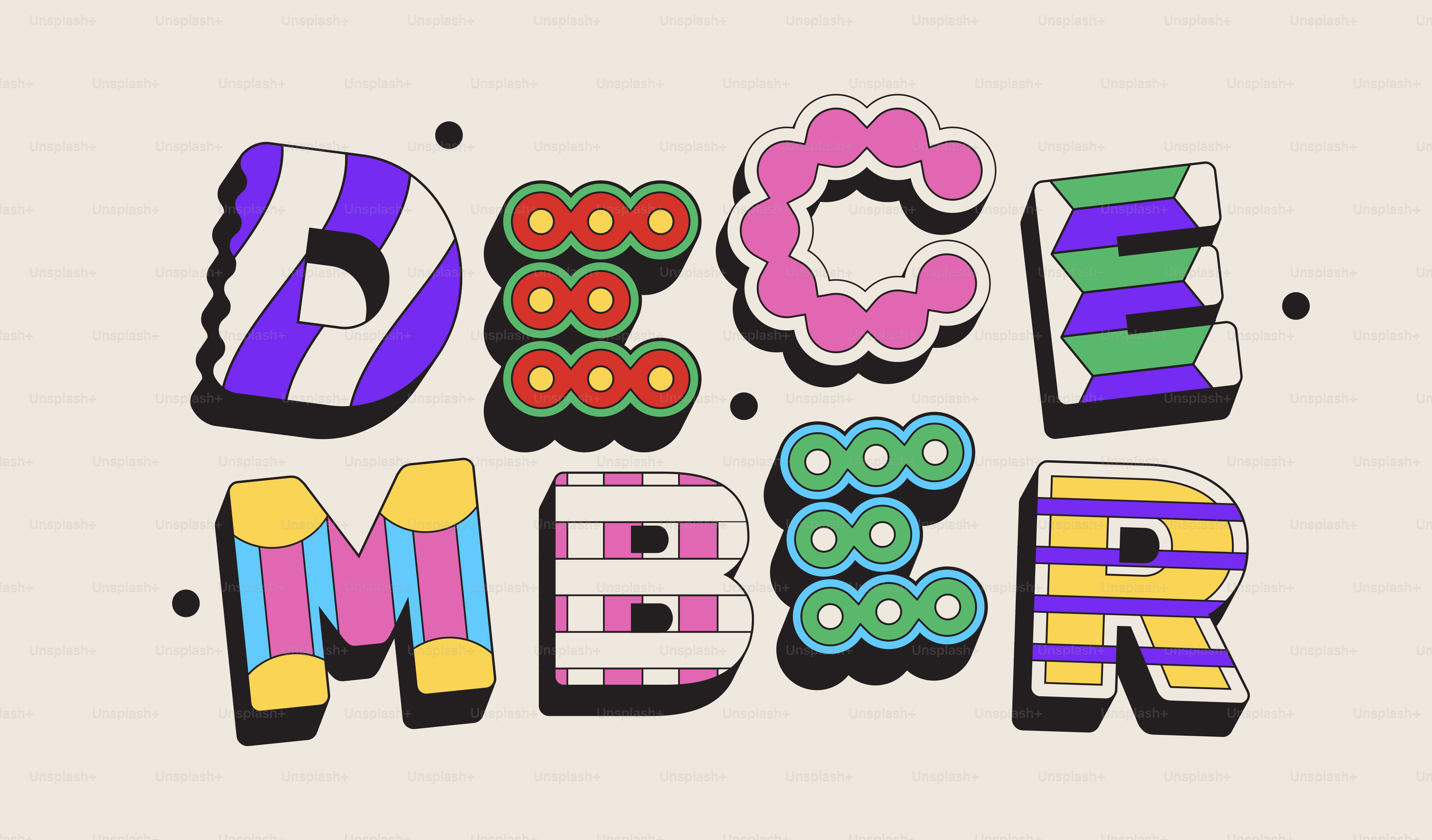 Colorful letters spell out the word december