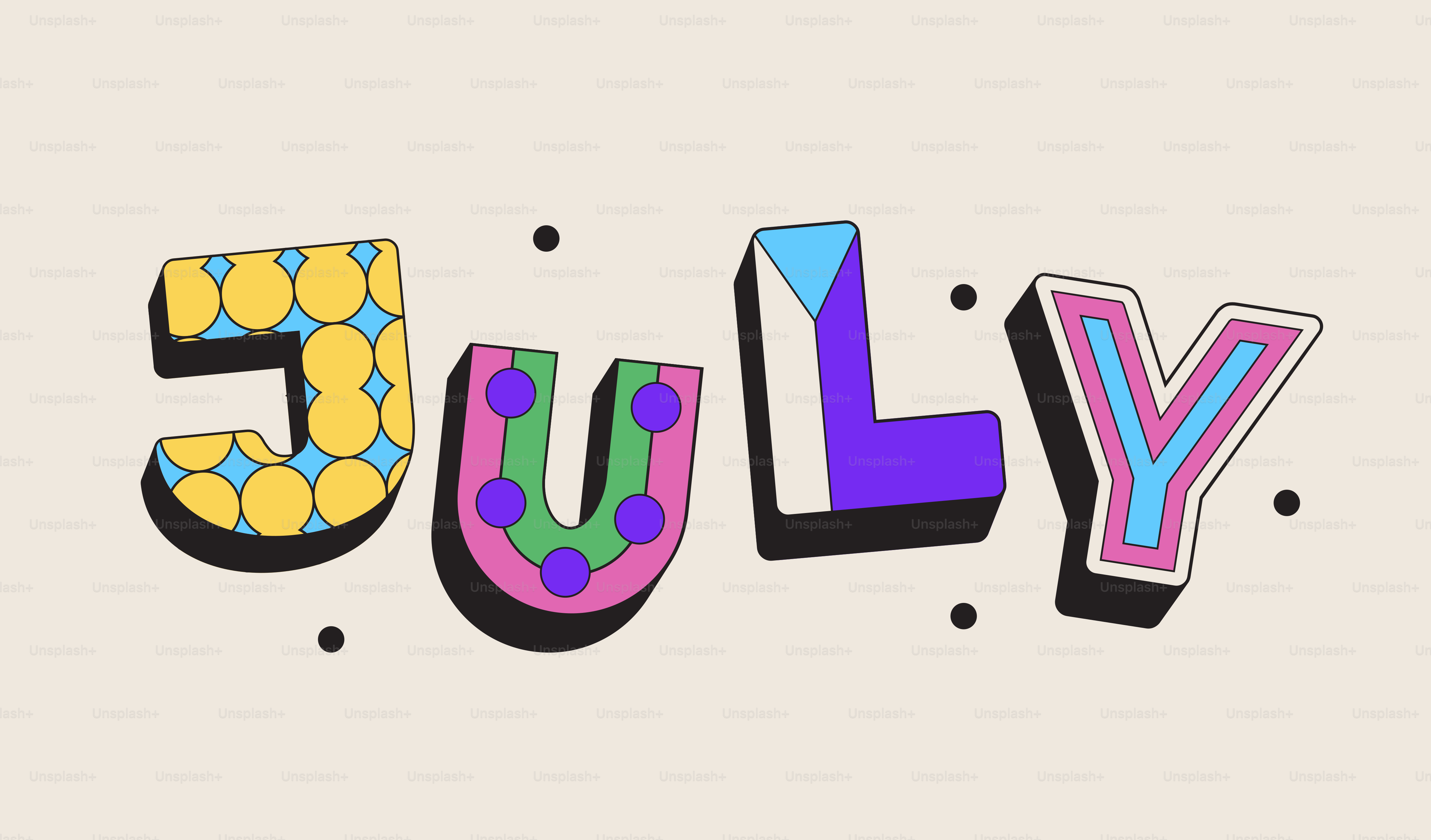Colorful letters spell out the word july
