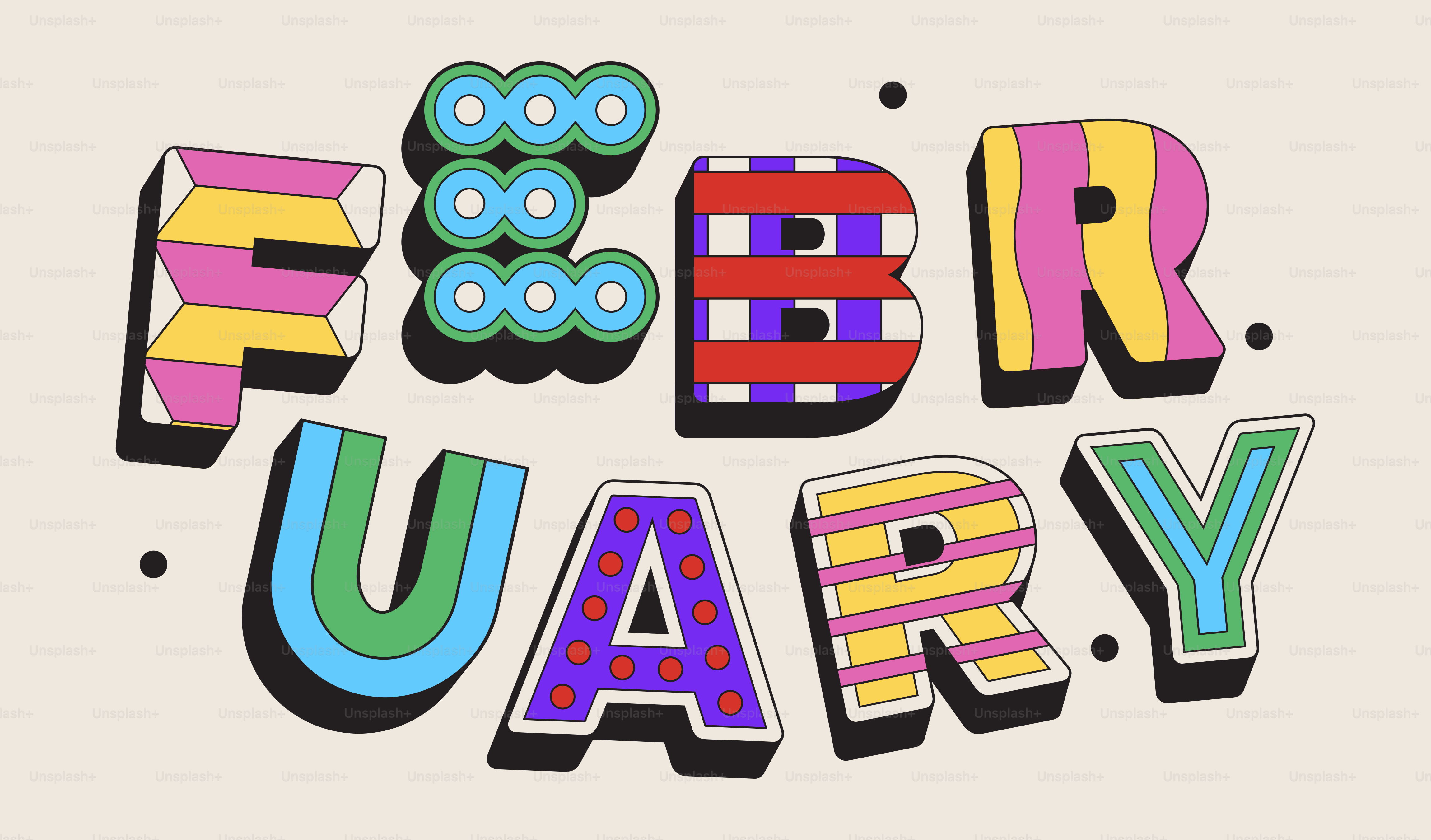 Colorful, stylized text spelling out the word february