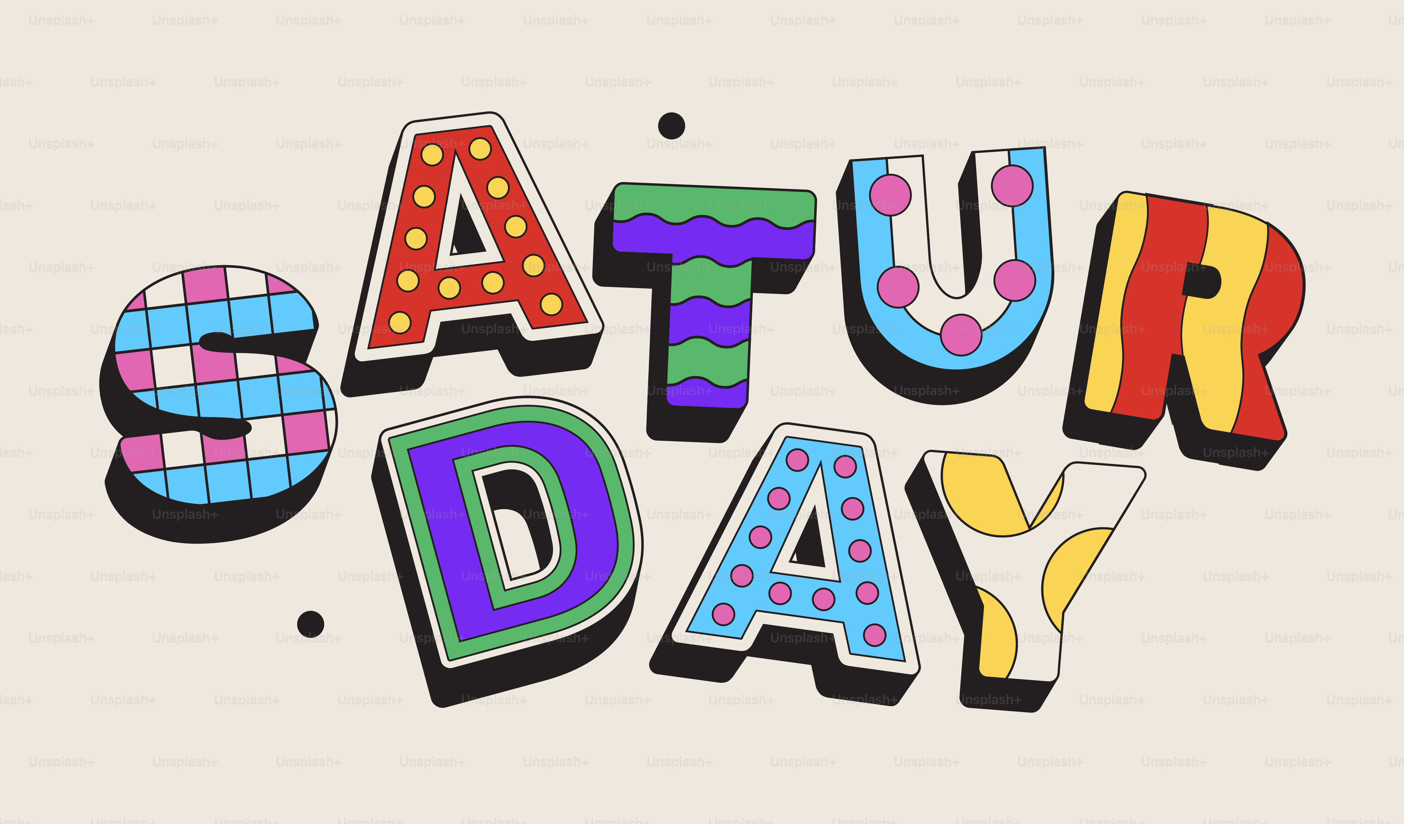 Colorful letters spell out the word saturday