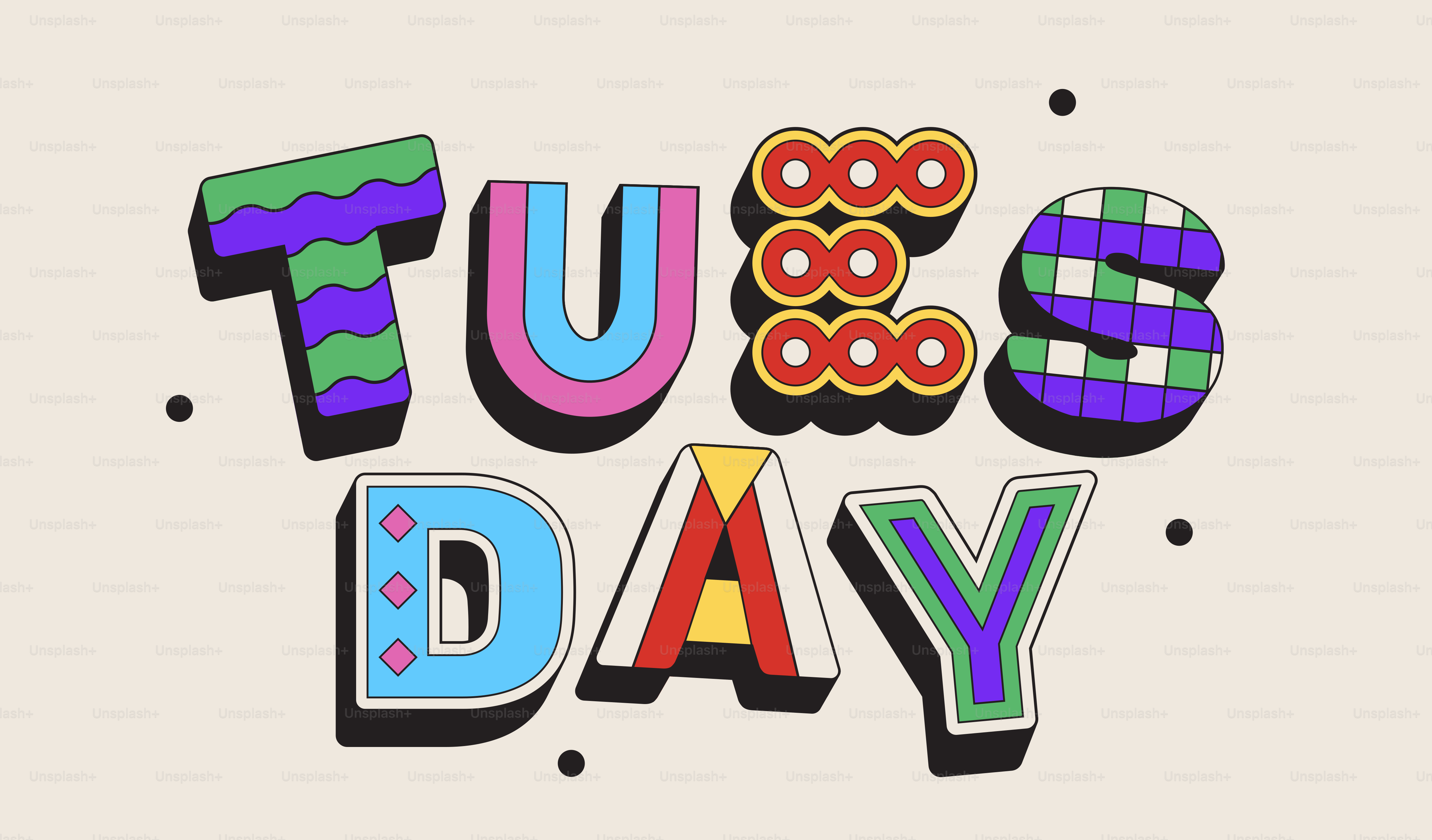 Colorful letters spell out tuesday with retro style.