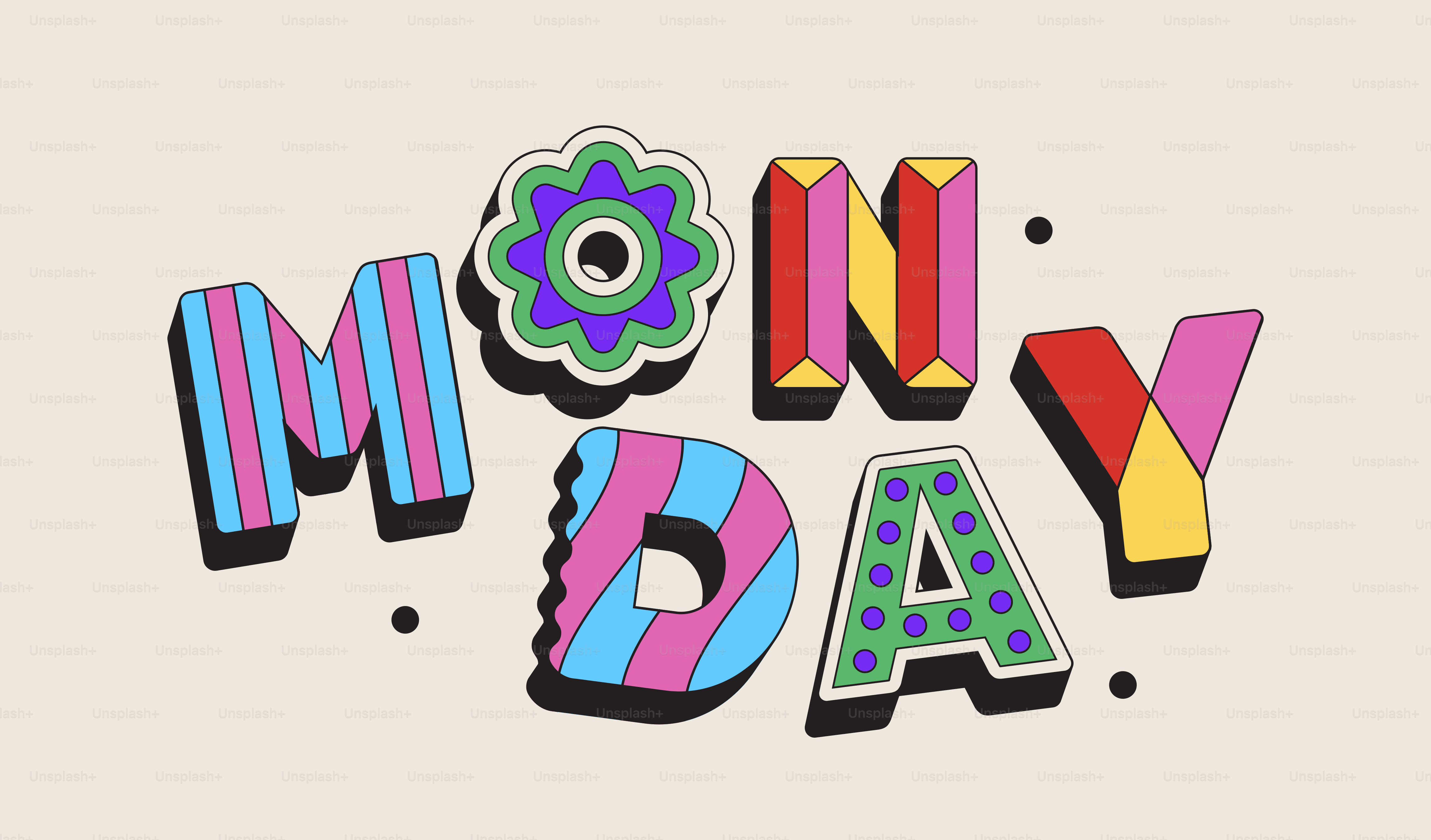 Colorful letters spell out the word monday.