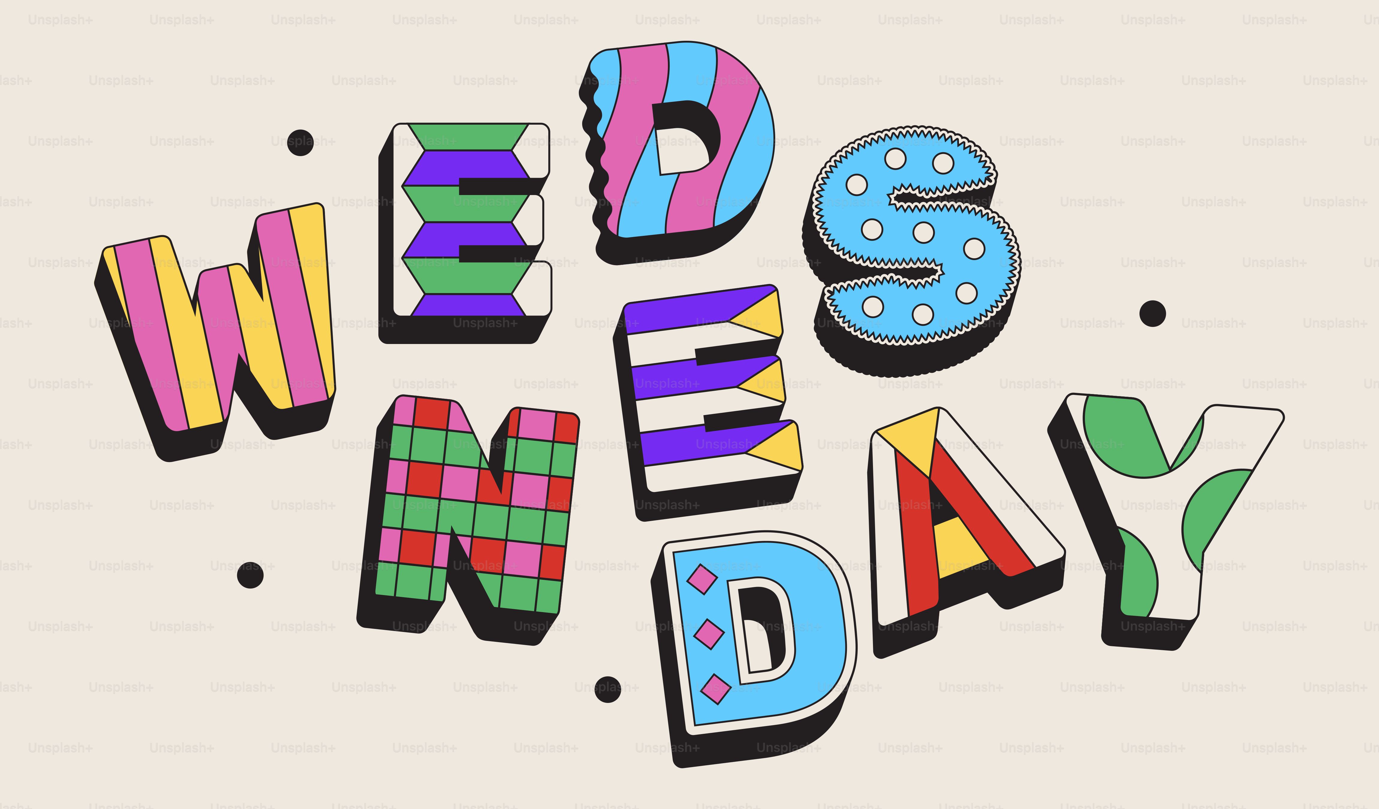 Colorful letters spell out the word wednesday.