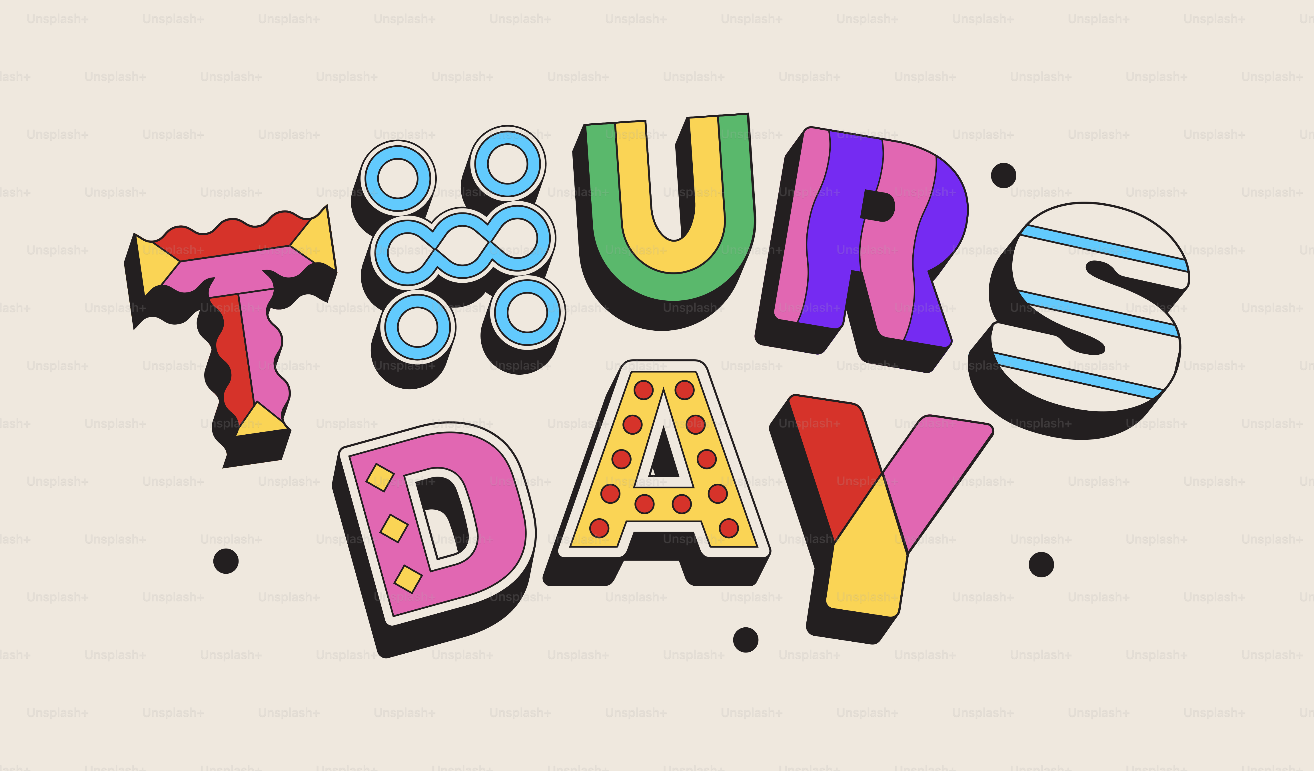 Colorful letters spell out the word thursday