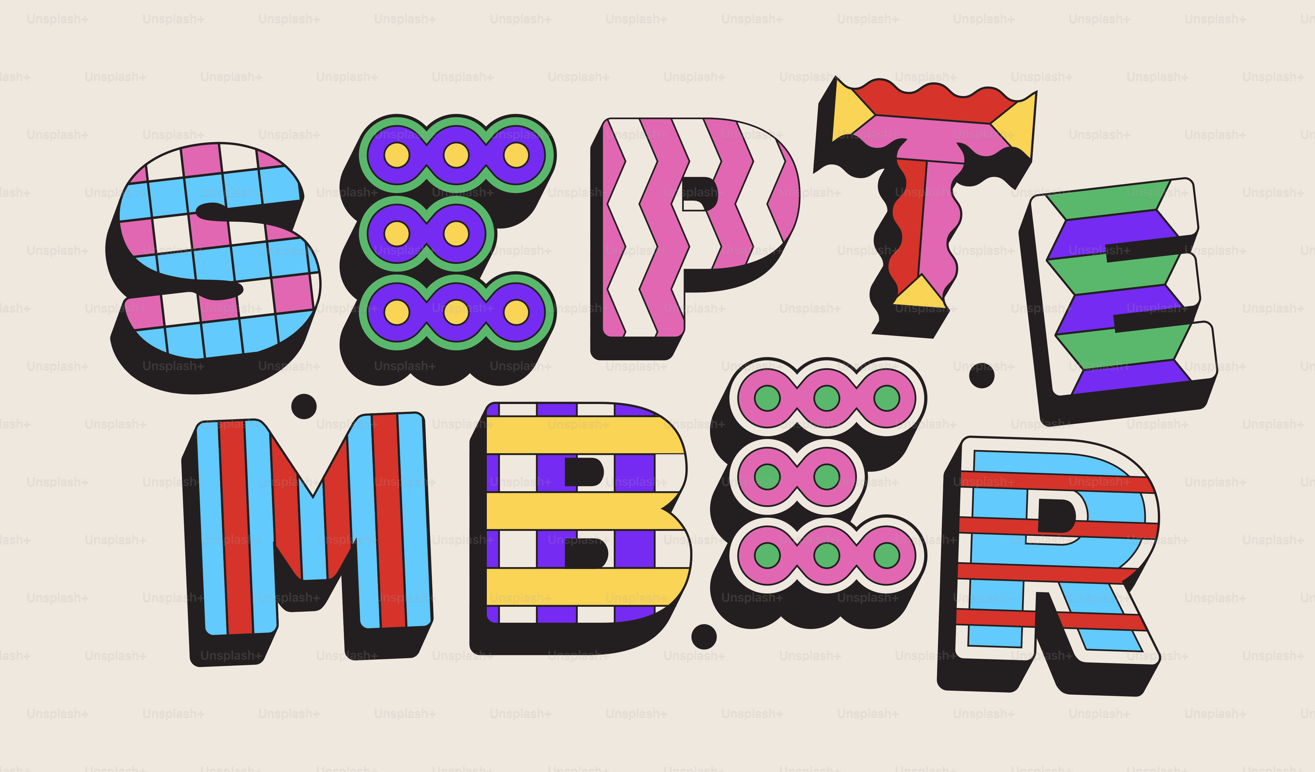 Letras coloridas, de estilo retro, que deletrean septiembre.