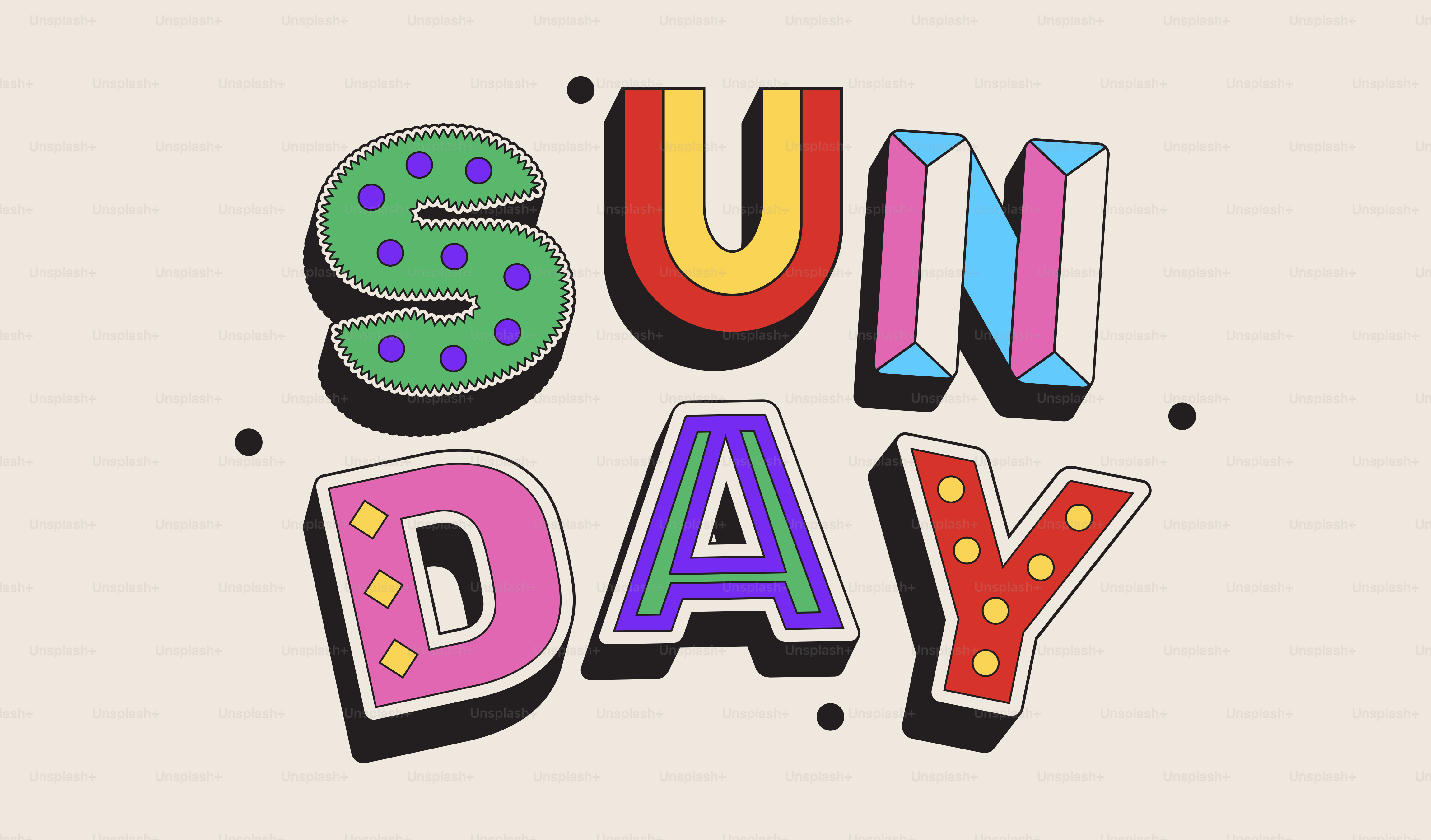 Colorful letters spell out the word sunday