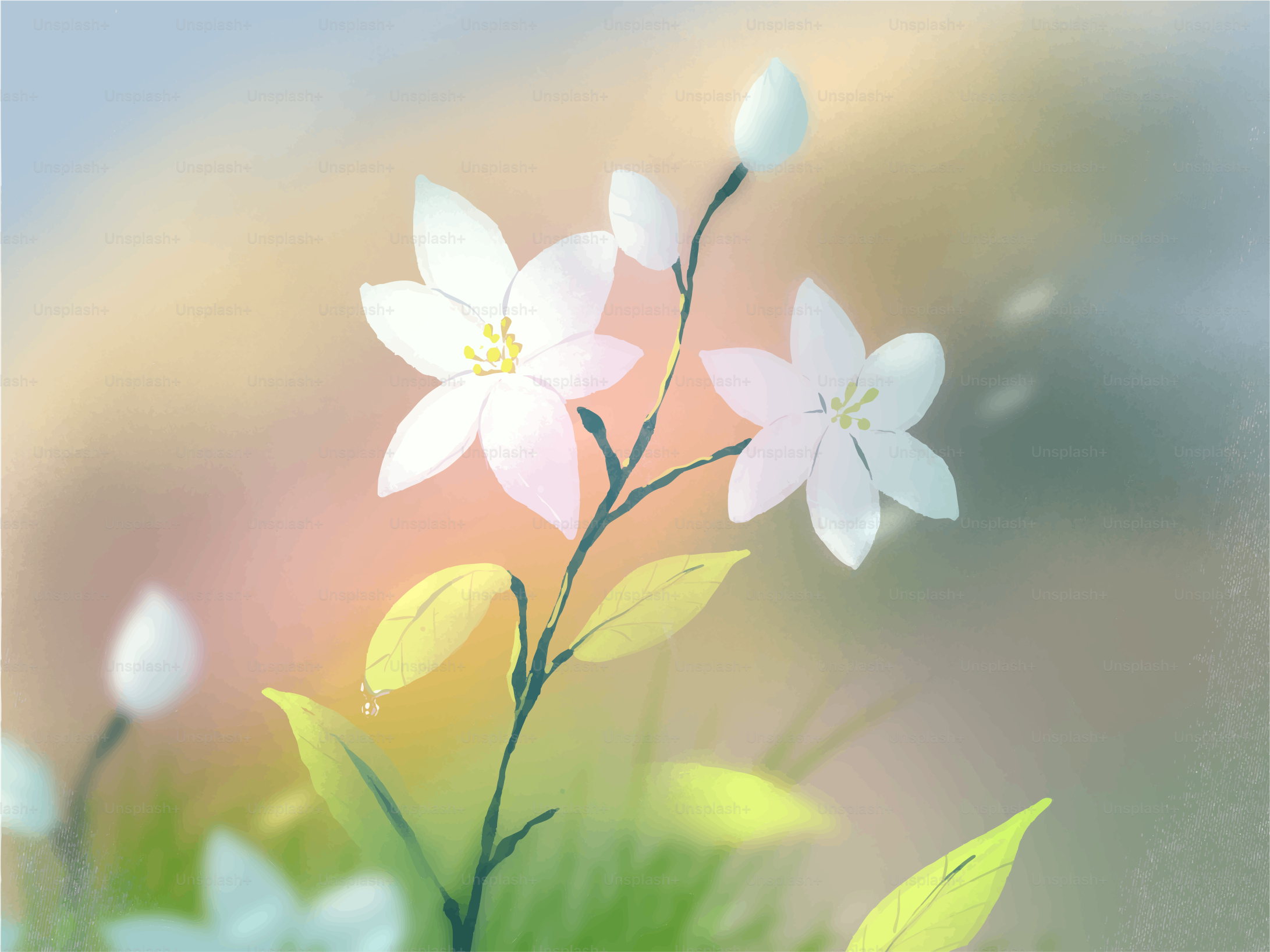 Delicate white flowers bloom against a soft, blurred background.