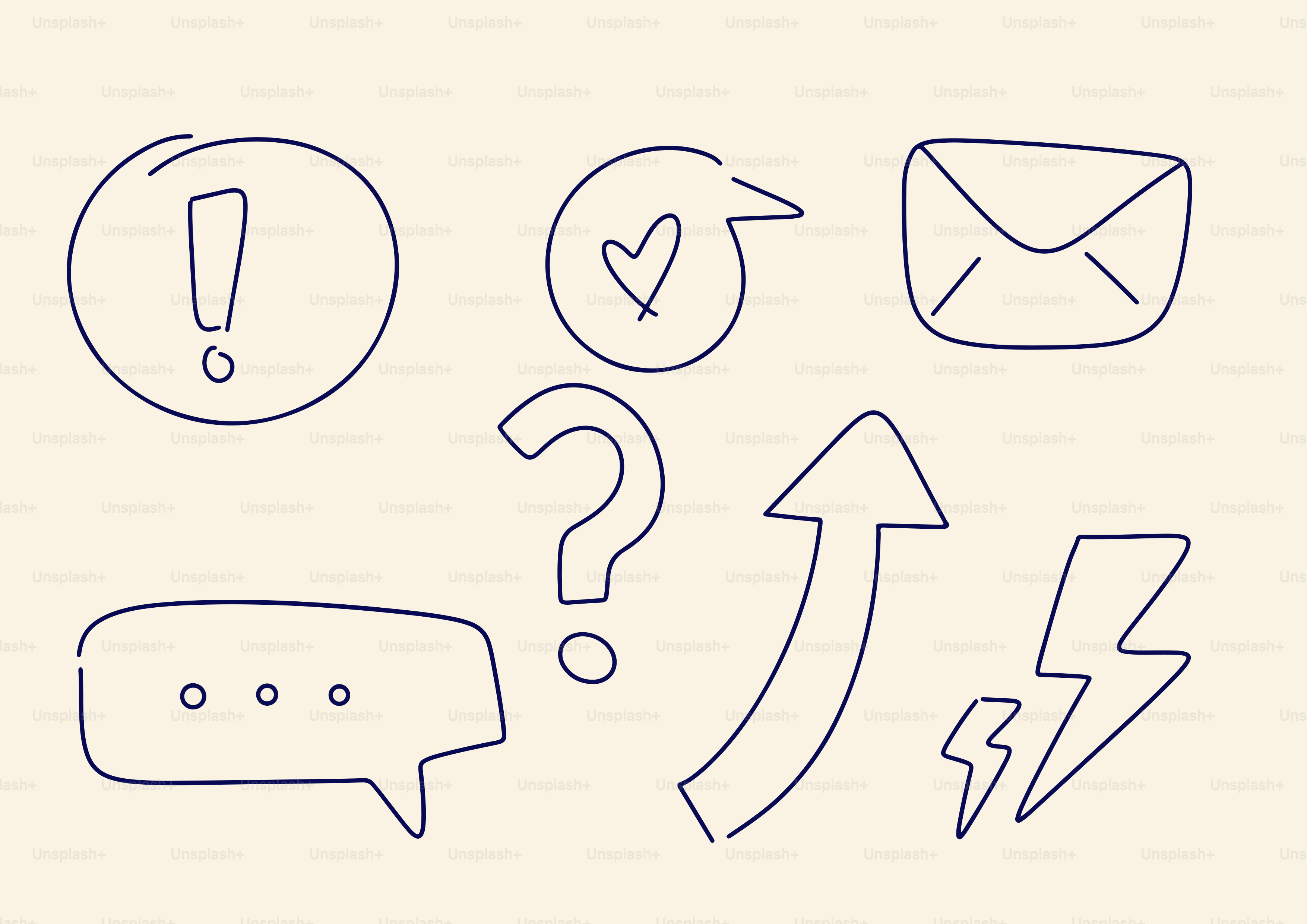 Doodle icons: exclamation, heart, envelope, question, arrow, lightning.