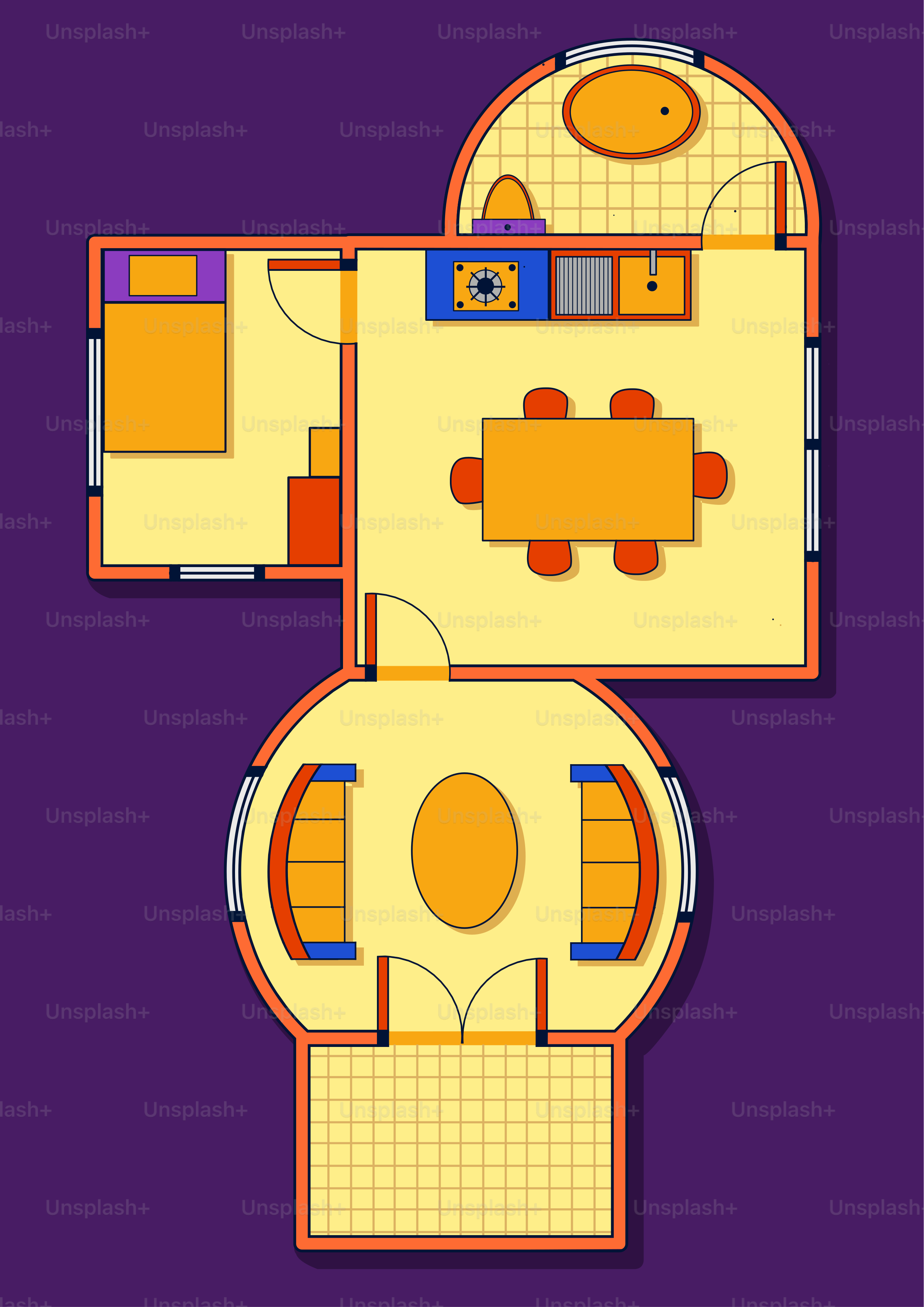 Plan d’étage d’un appartement coloré et moderne.
