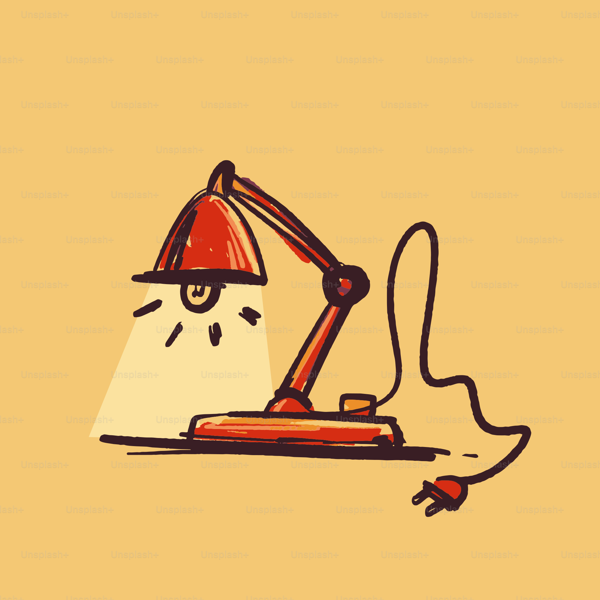 A red desk lamp with a cord and a plug