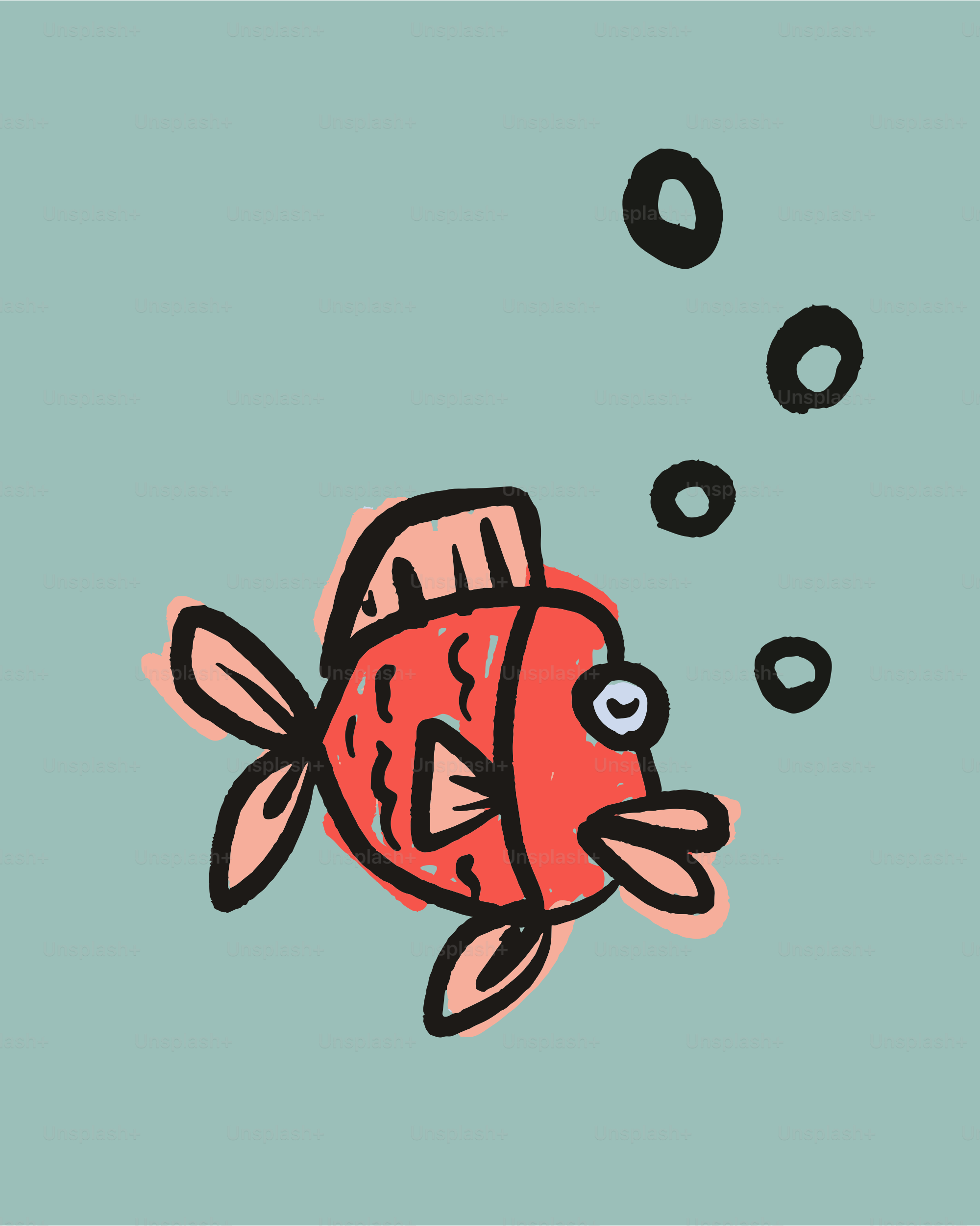 A cartoon red fish with bubbles underwater