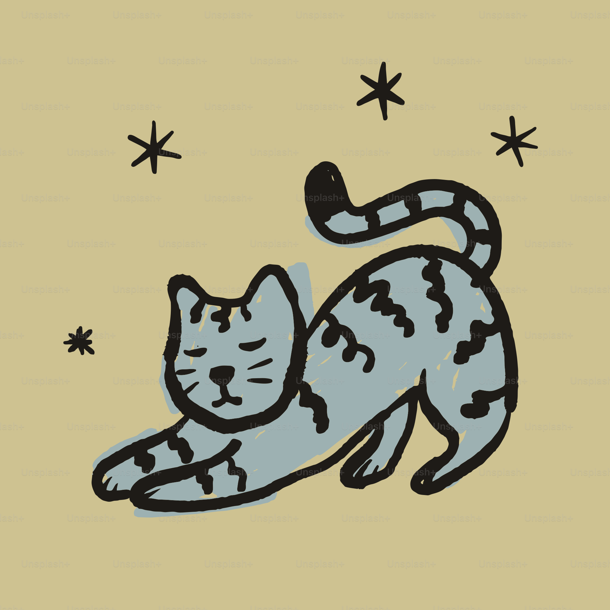 A light blue cat stretches with closed eyes.