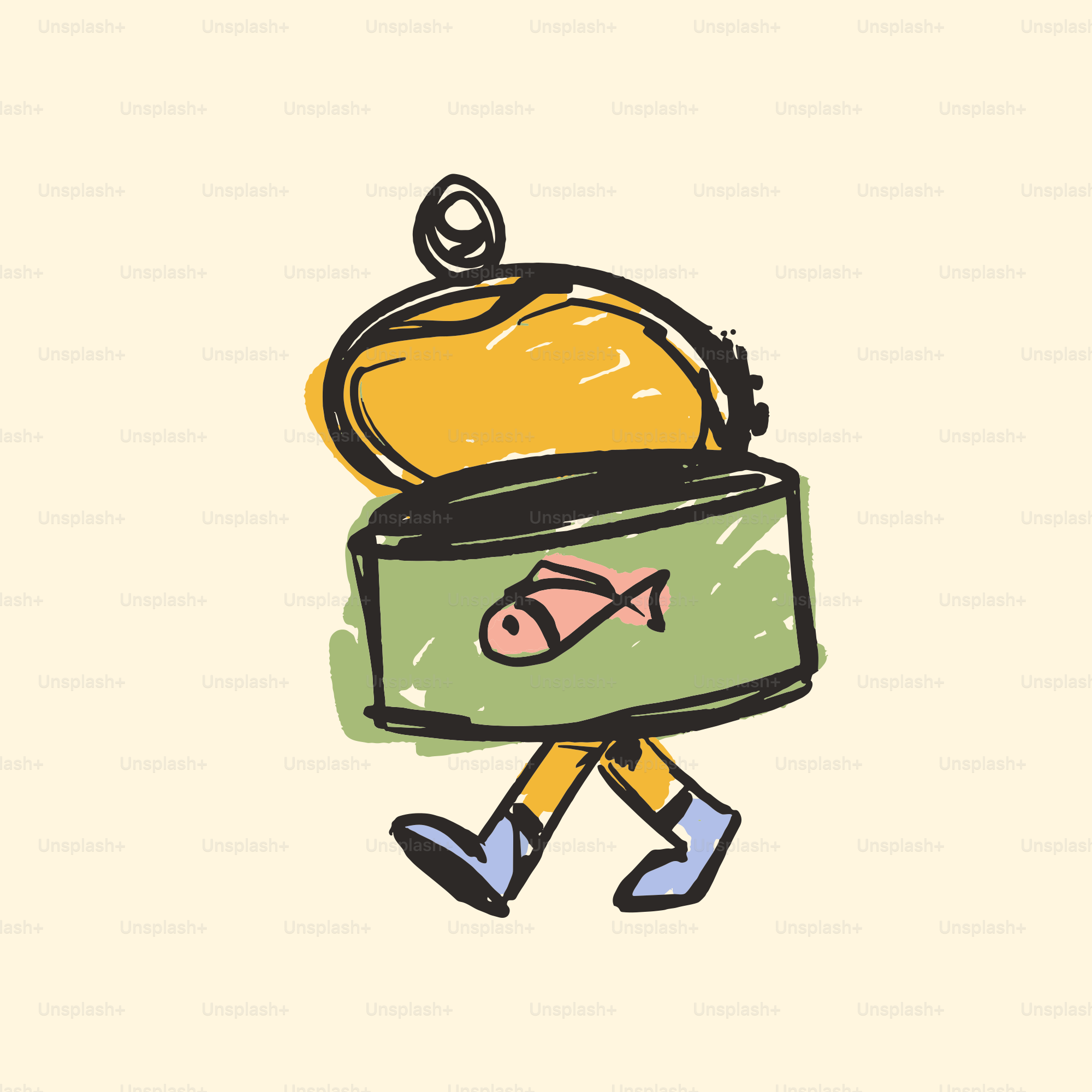 A cartoon can of fish with legs walking
