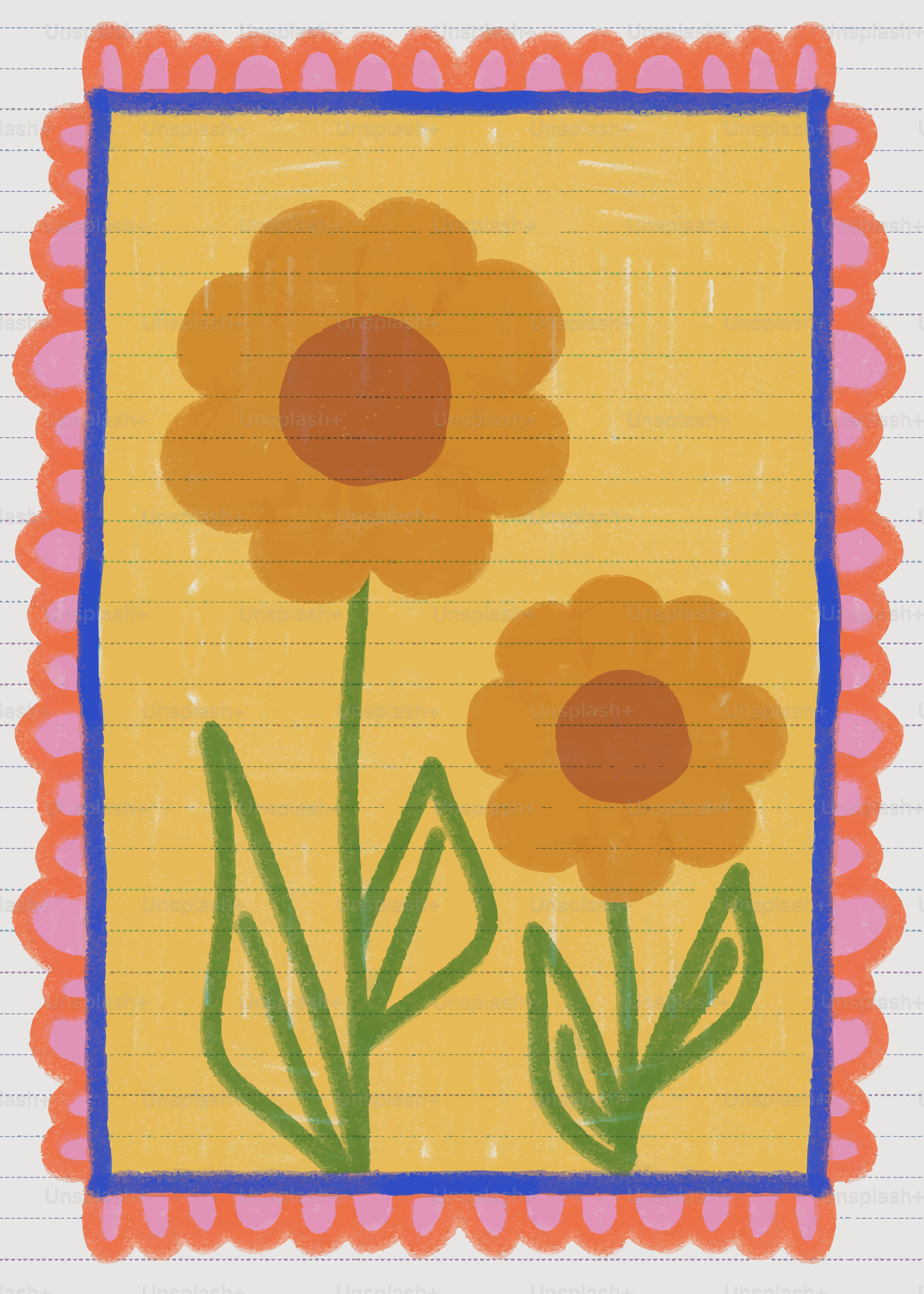 Two cartoon sunflowers on yellow lined paper