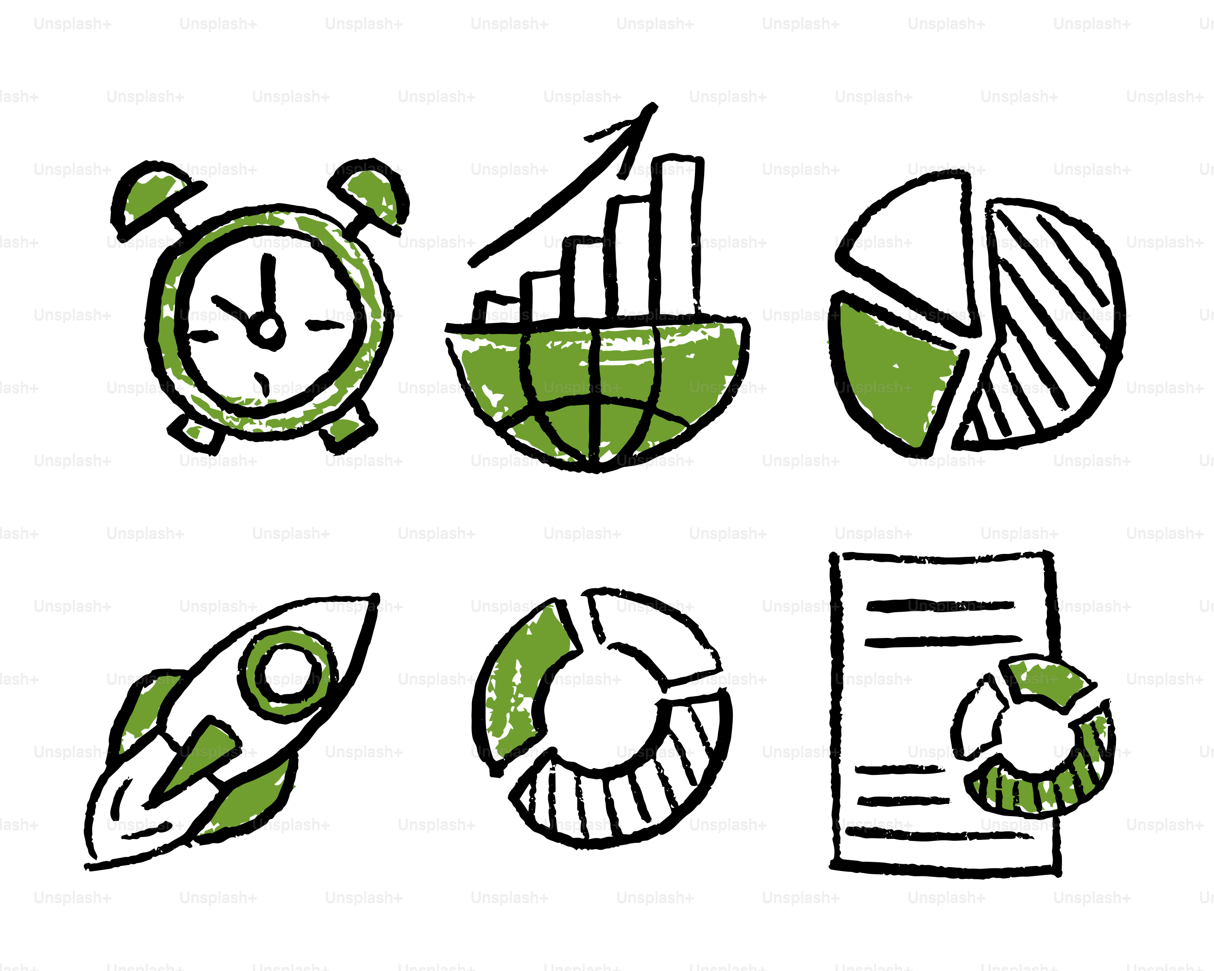 Doodle icons for business growth and analytics.