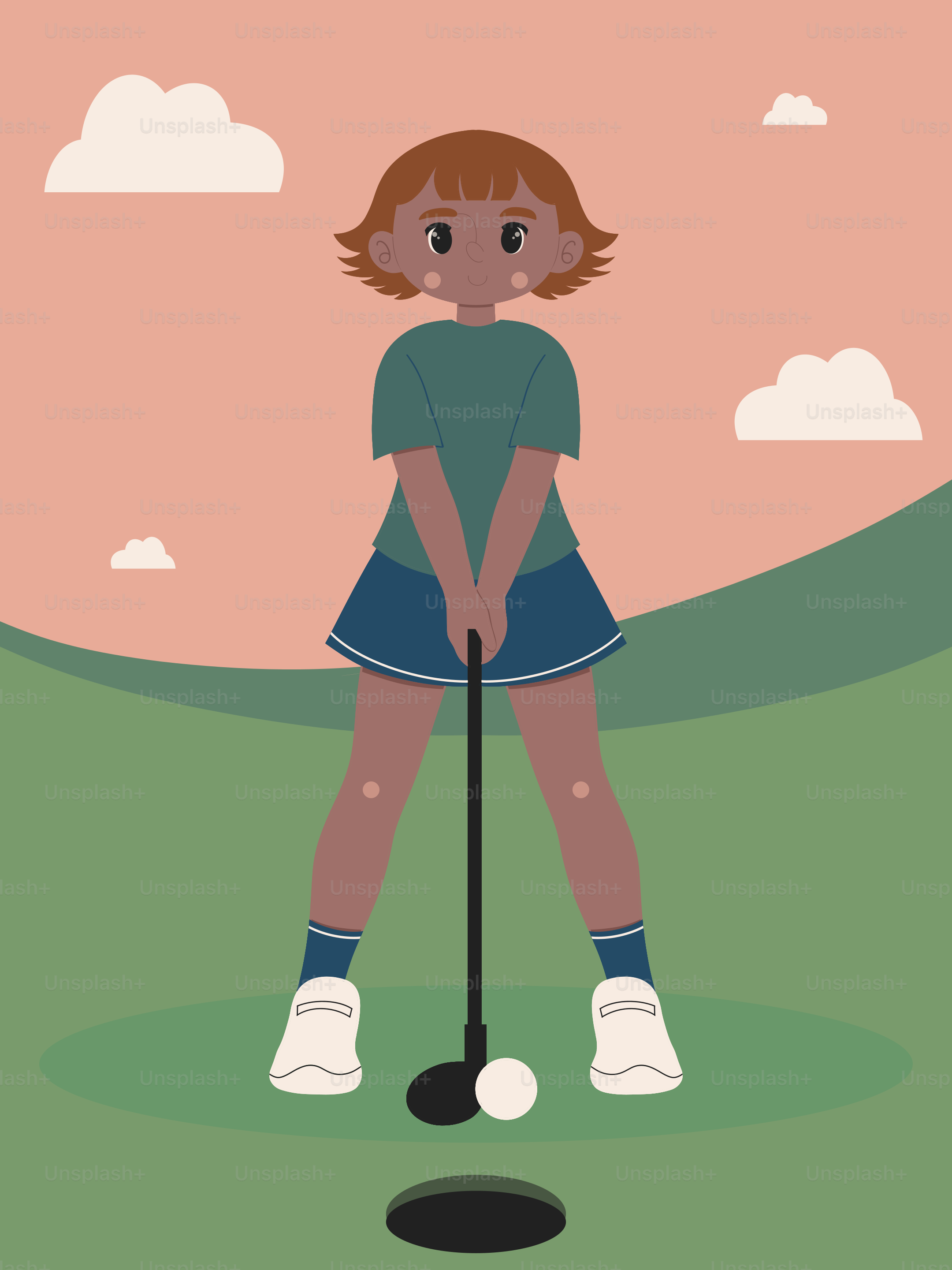 A young girl is about to putt a golf ball.