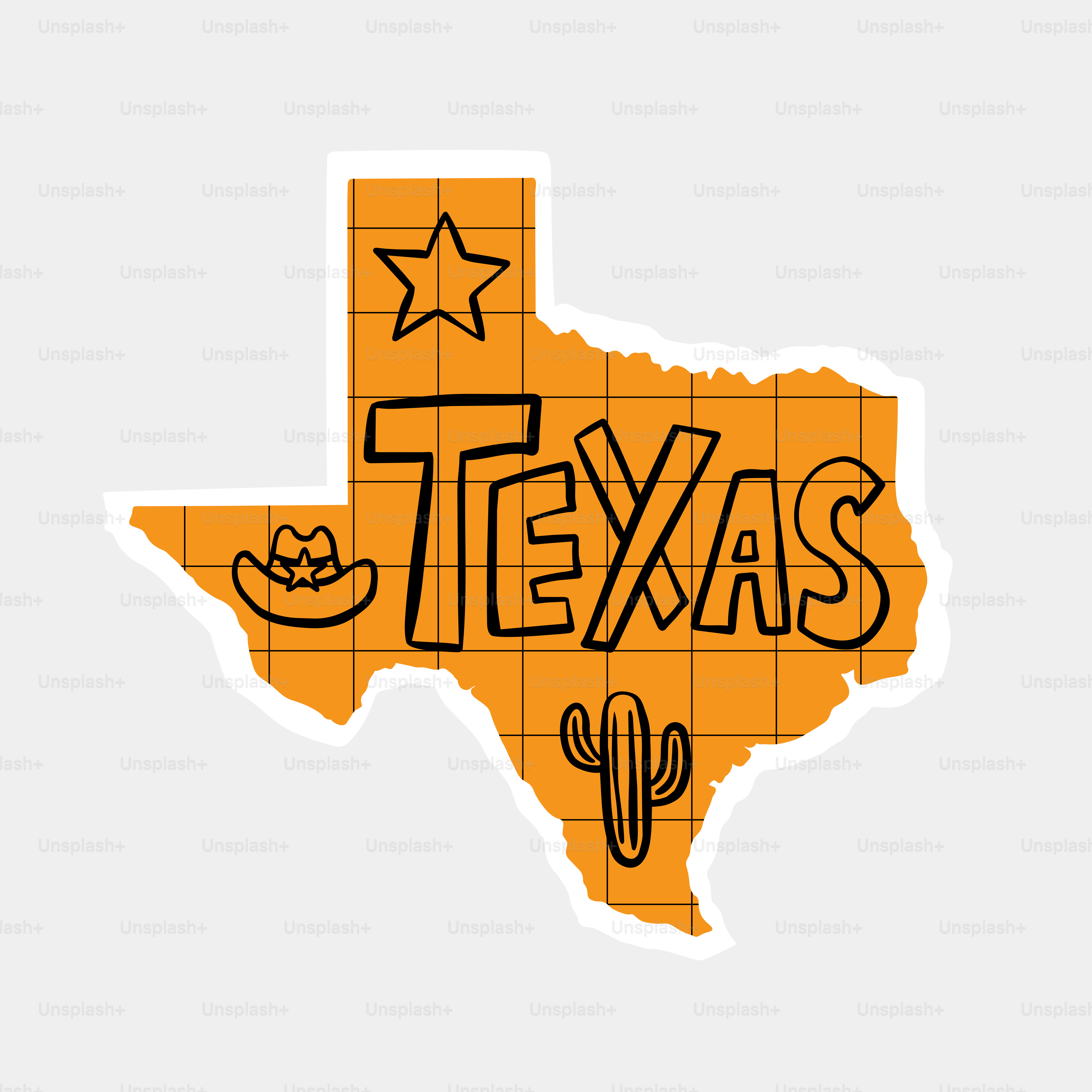 Outline of texas with cowboy hat and cactus