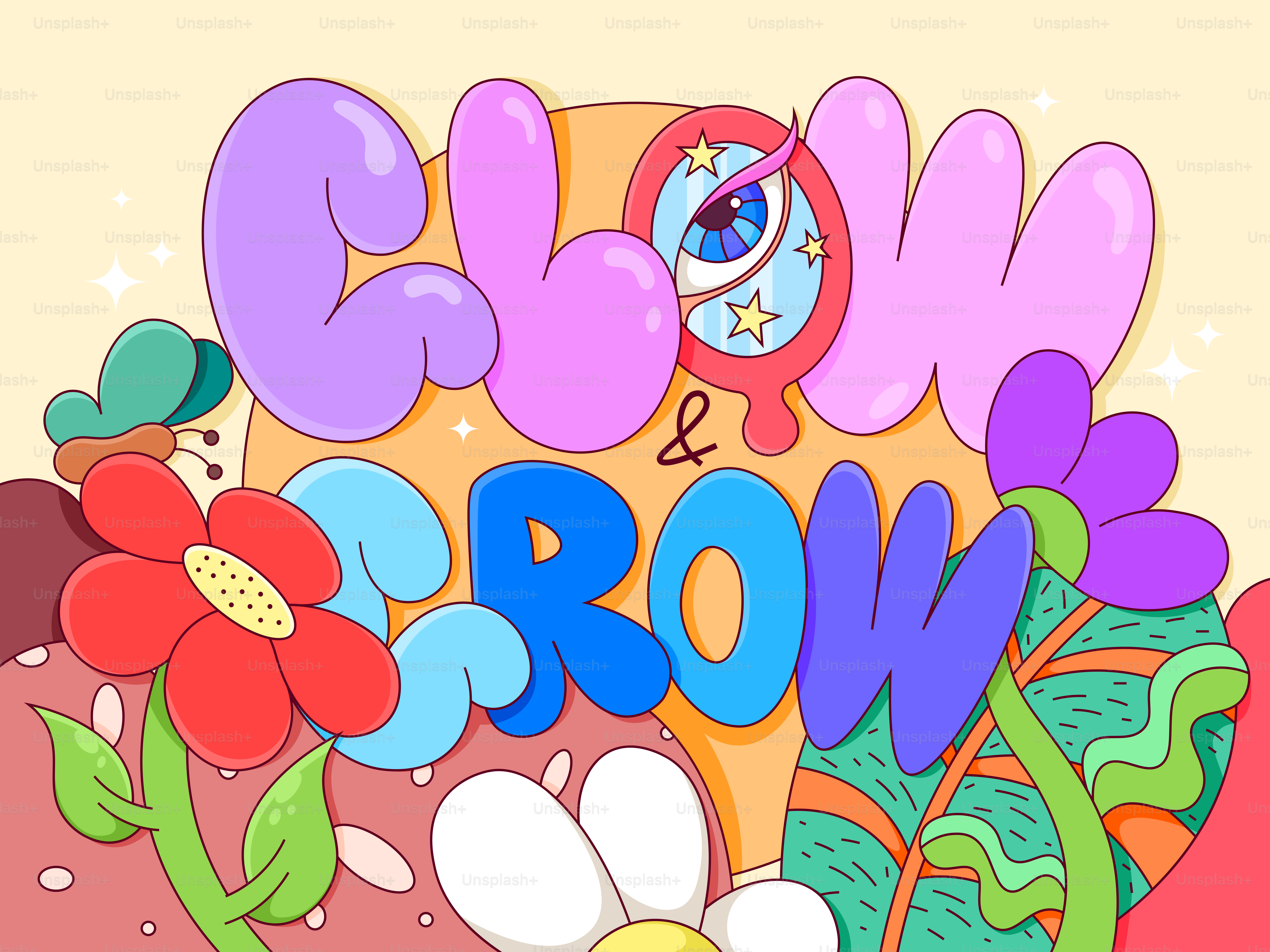 Bunte Texte mit Blumen und Sternen