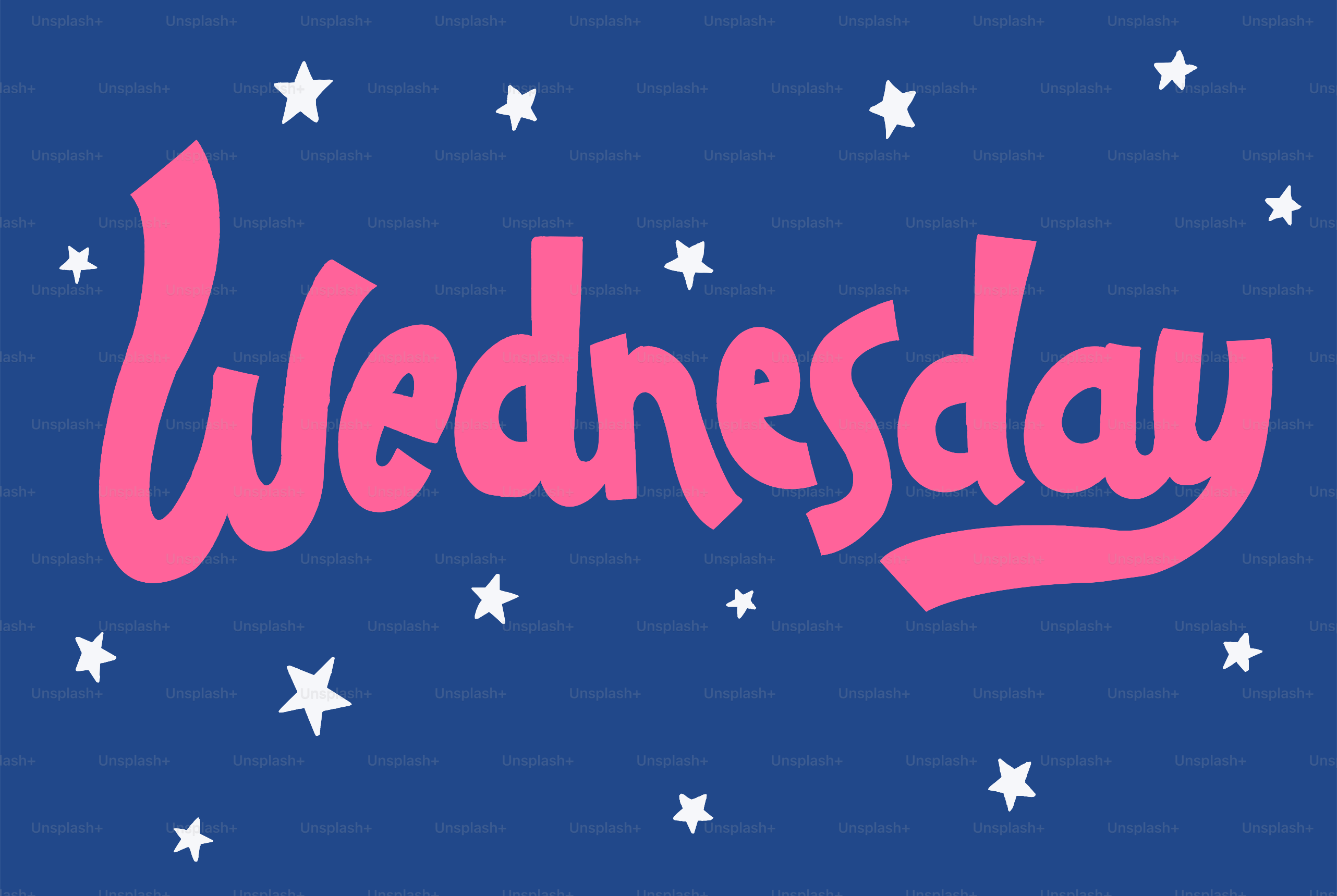 The word wednesday in pink script on blue background.