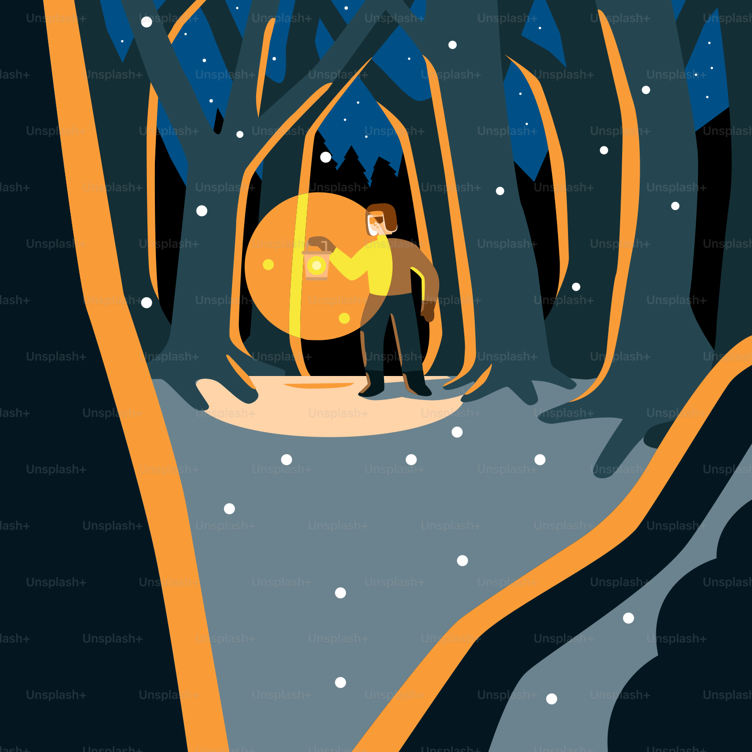 Man with lantern walks through a dark, snowy forest.