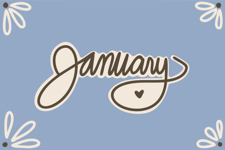 The word january written in cursive on a blue background.