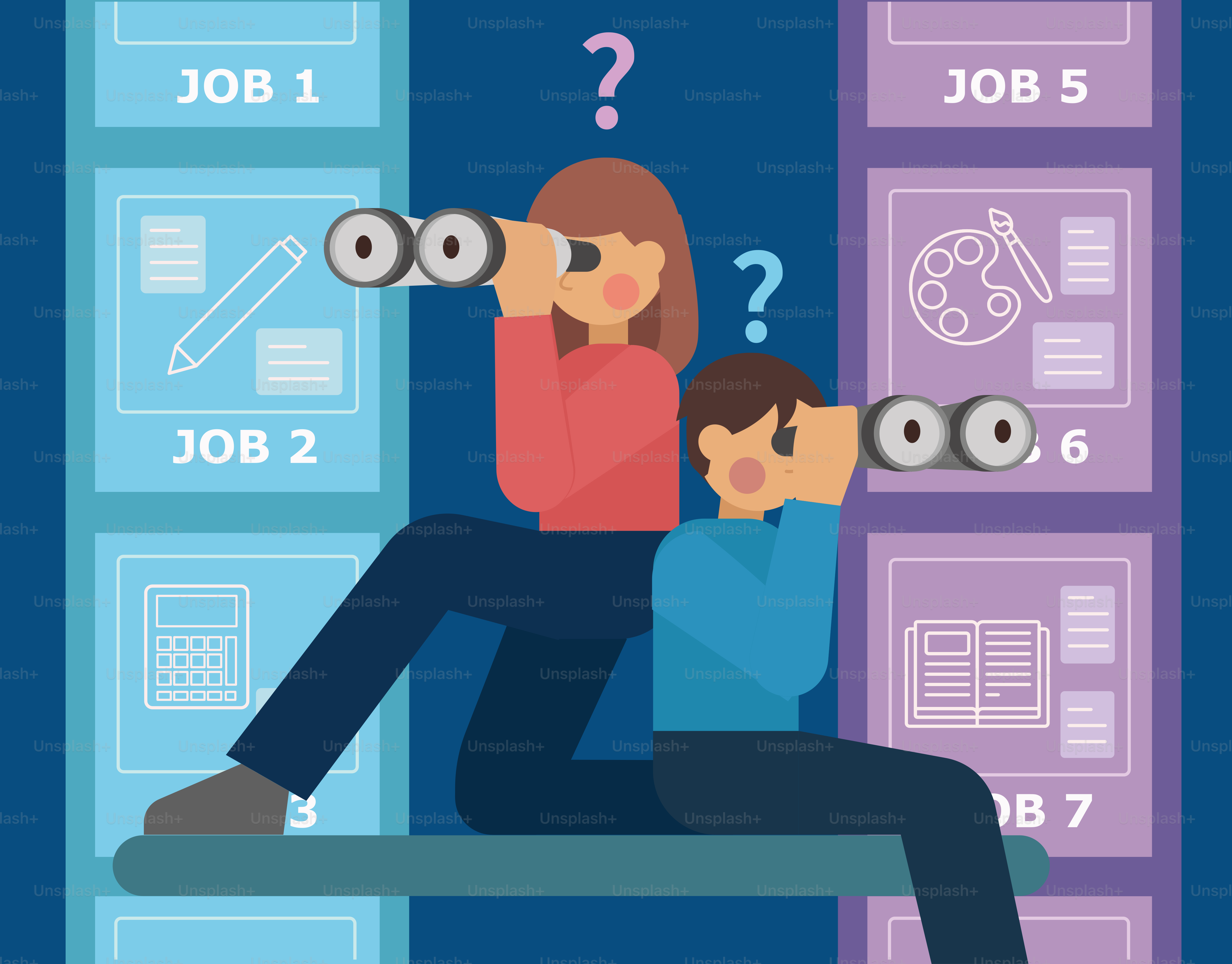 Des personnes qui regardent différentes options d’emploi avec des jumelles