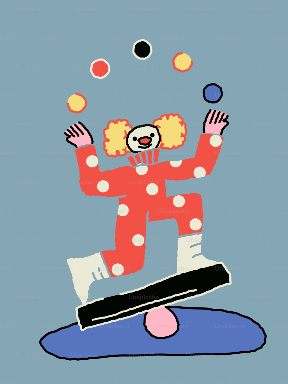 Clown juggling balls while balancing on a seesaw