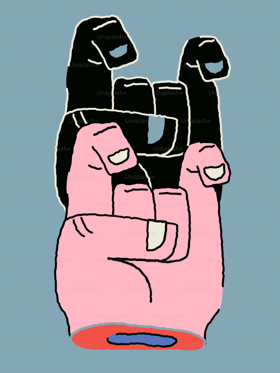 A pink hand making a rock and roll gesture