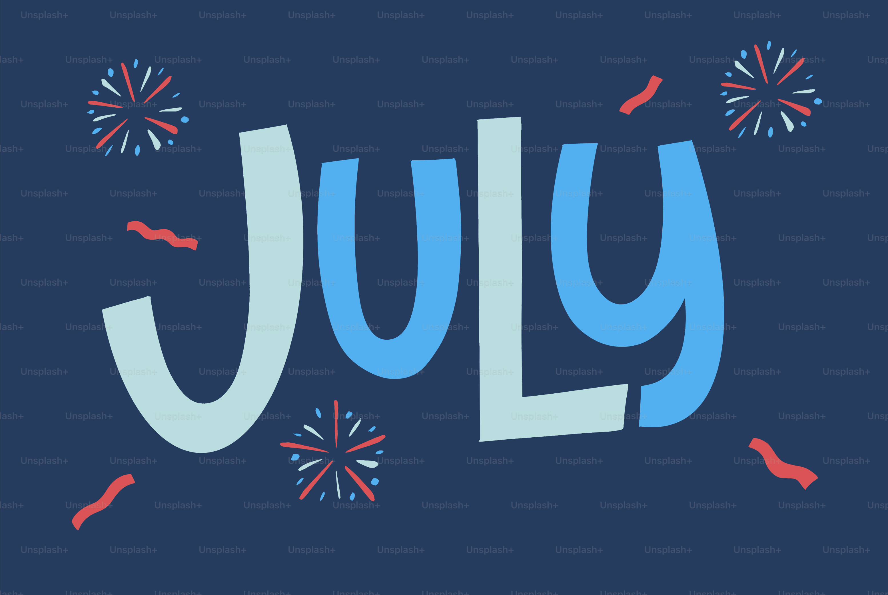 Das Wort Juli mit Feuerwerk und Konfetti