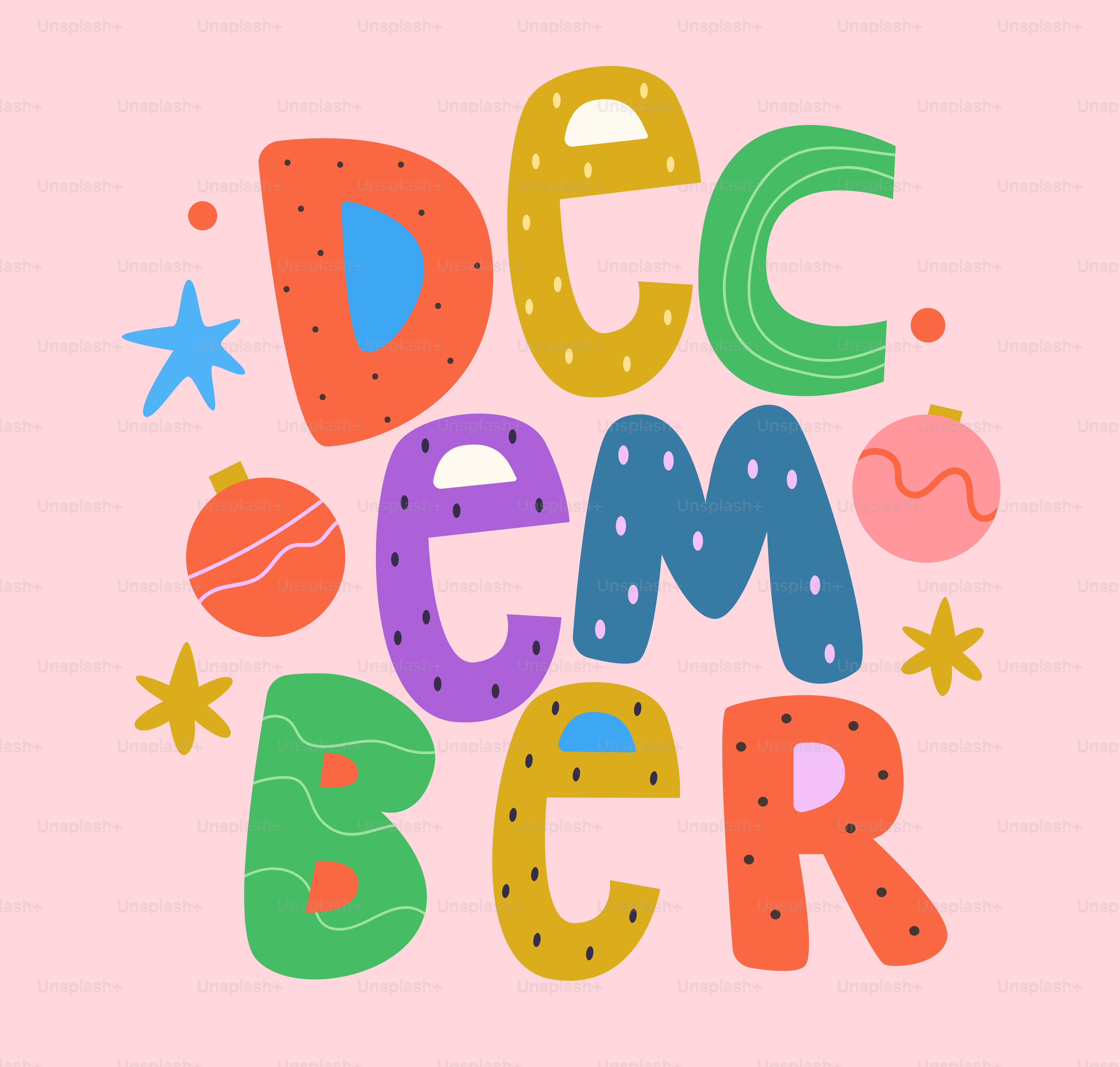 Colorful letters spell out december with festive ornaments.